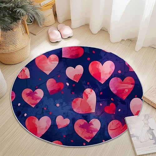 Miniatura 5 de Stain Resistant Round Area Rug 2 ft, Watercolor Retro Heart Soft Non-Slip Circular Carpet, Dark Blue Non-Shedding & Easy Care Circle Rugs for