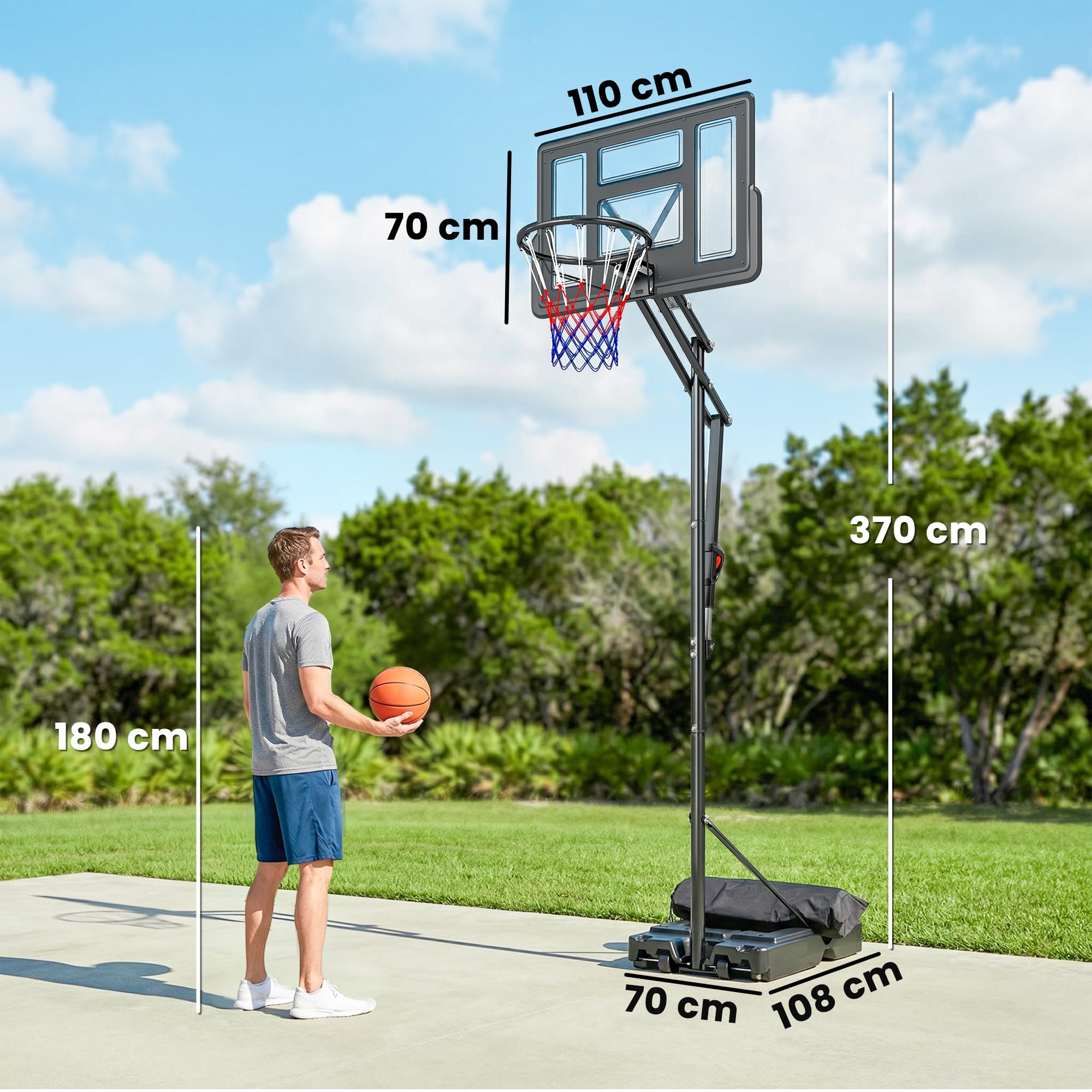 SPORTNOW Canestro Basket Esterno Regolabile in Altezza 235-305 cm, Canestro da Basket con Ruote, Base Riempibile, Sacco di Peso, Tabellone Infrangibile, Portatile per Interno Adulti Adolescenti, Nero