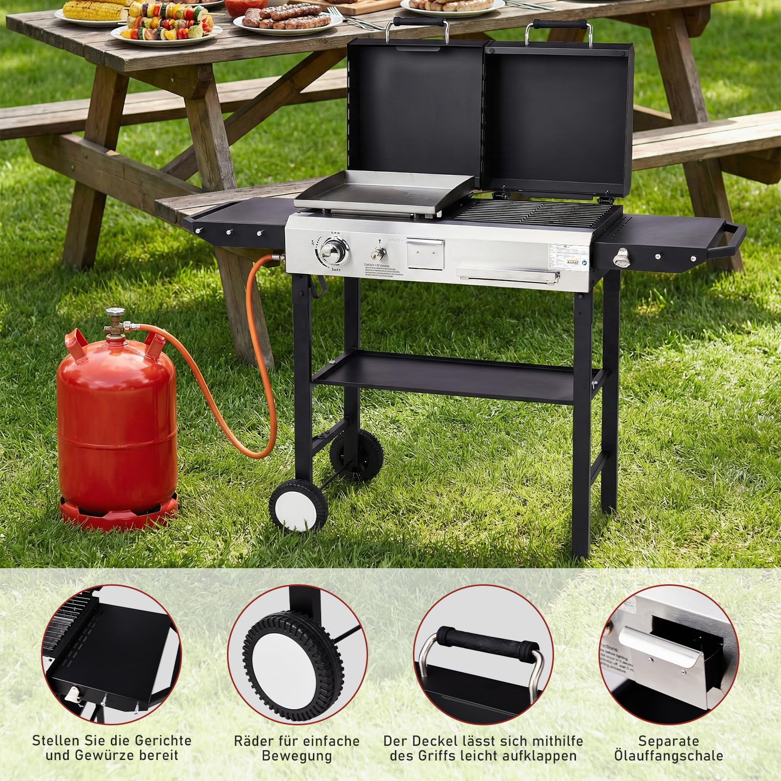 LEADZM Gasgrill 2-in-1 Gas- & Holzkohlegrill 4.5 kW - Ausgestattet mit einem 50-Mbar-Druckminderventil, Geeignet für Familienfeiern und Picknicks im Freien