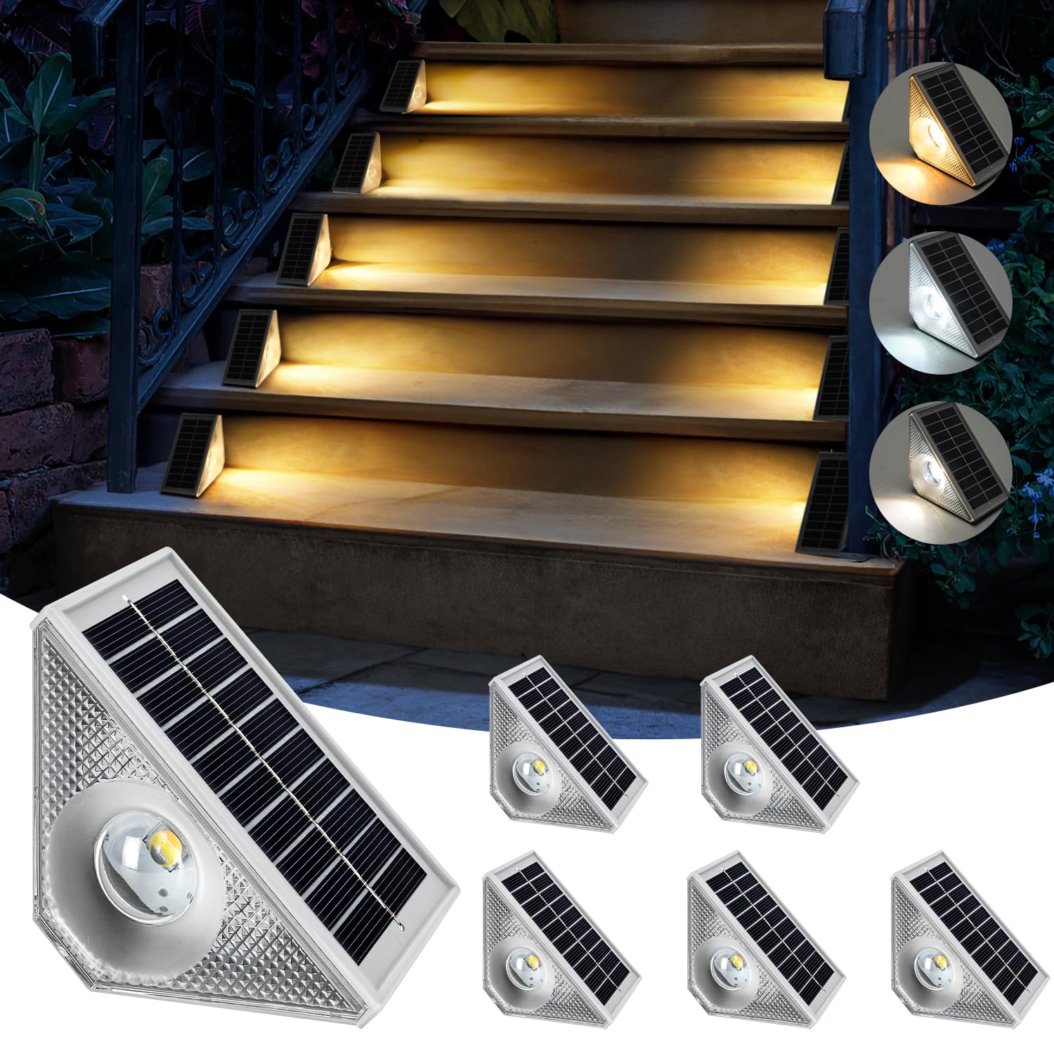 Solar Step Lights Outdoor Waterproof, 6 Pack Triangle LED Deck Lights, IP65 Waterproof Solar Powered Lights for Stairs, Fence, Patio, Yard, Warm White
