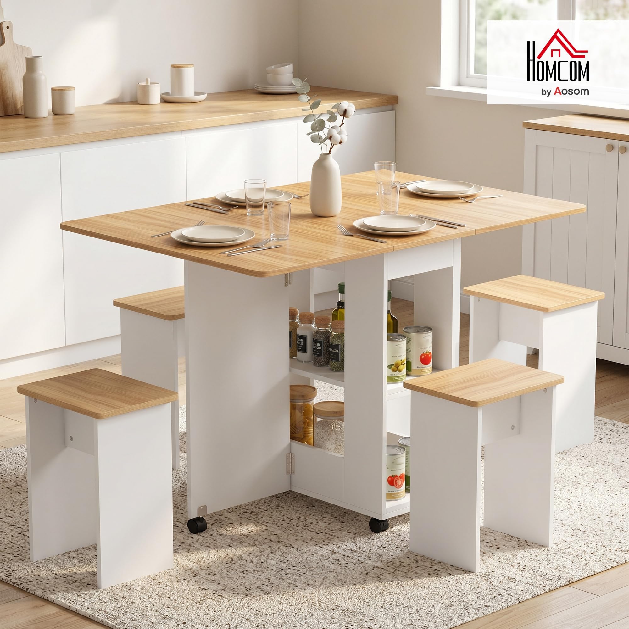 HOMCOM Conjunto Mesa y 4 Sillas de Comedor para 4 Personas Roble | Mesa de Comedor Plegable con Taburetes Ocultos, 2 Alas Abatibles, Ruedas, Estantes, Ahorro de Espacio