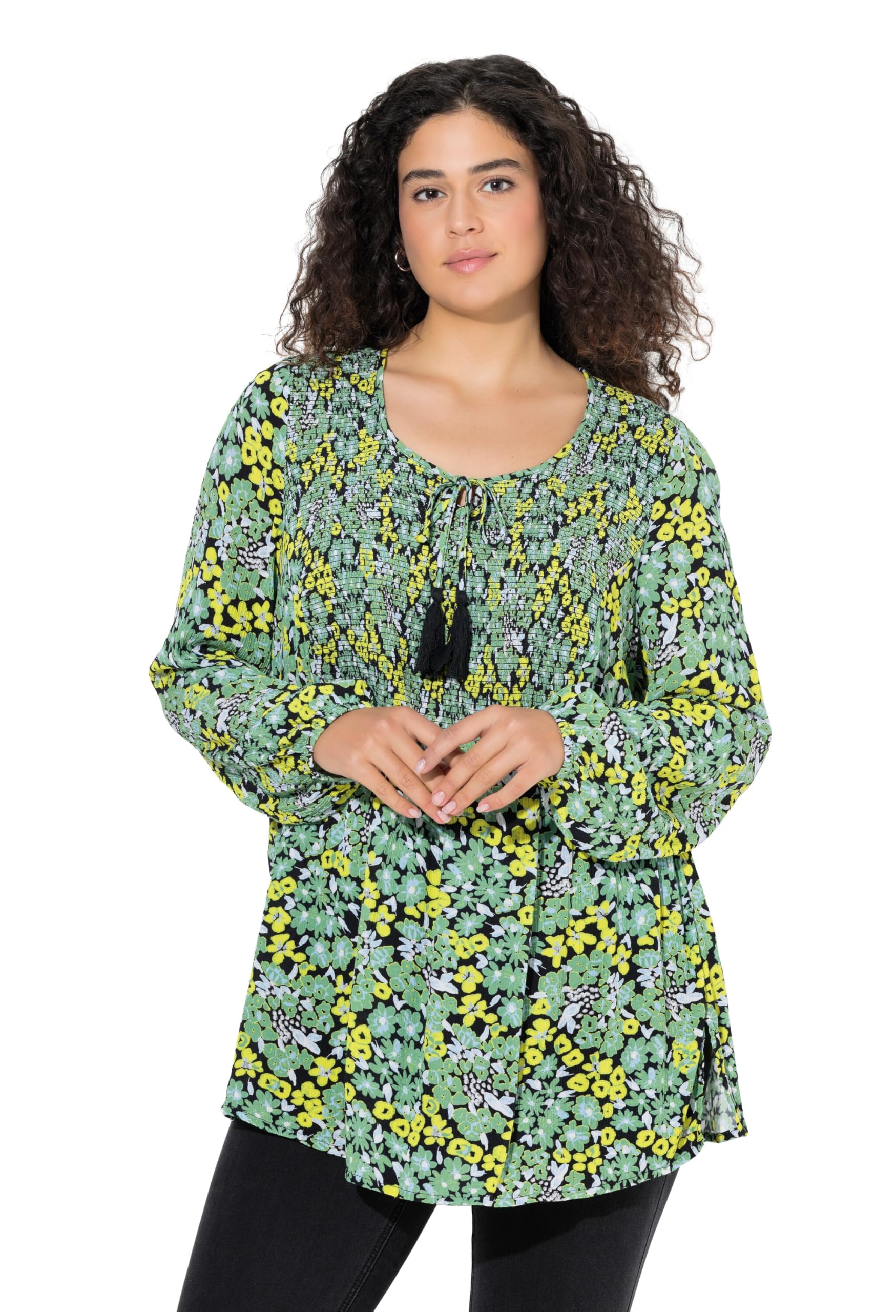 Ulla Popken Damen große Größen Übergrößen Plus Size Smokbluse, Blüten, A-Linie, Rundhals, Langarm 844311