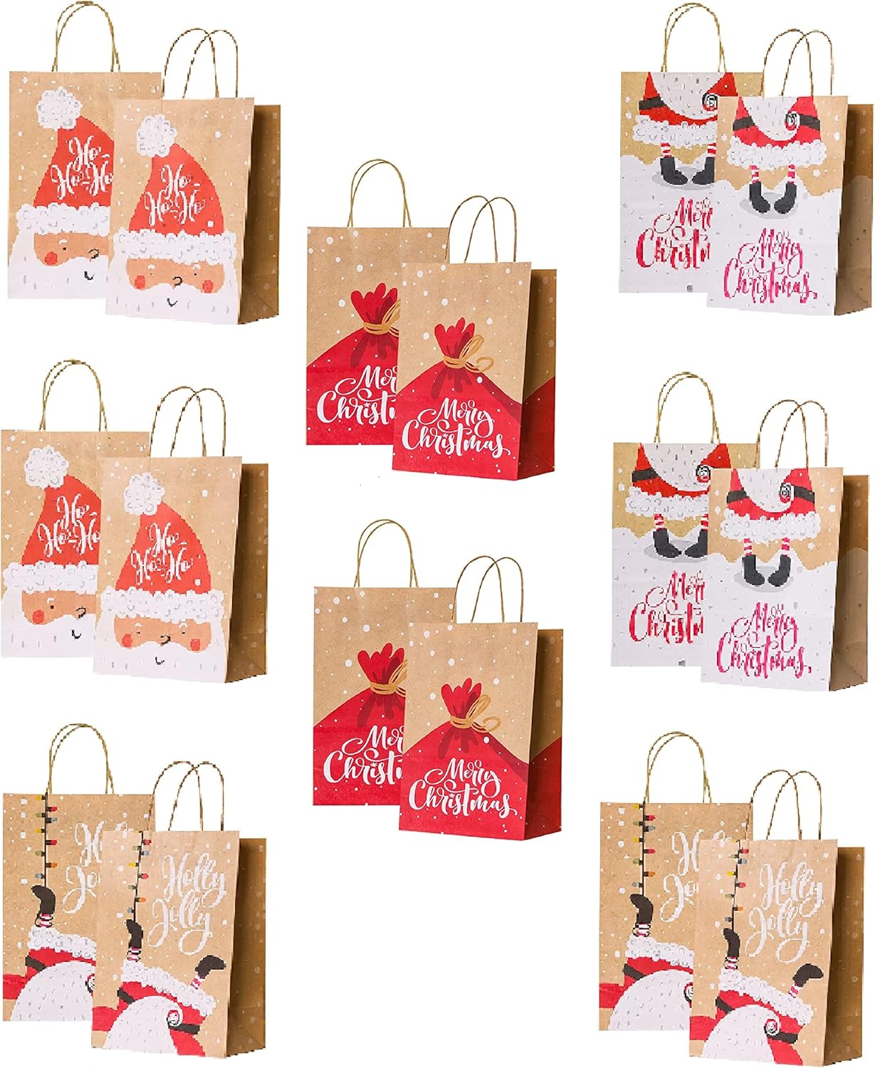 Vanproo 16 Pcs Christmas Kraft Gift Bags, Christmas Goody Bags with Handle, Assorted Christmas Prints Snowflake Santa Kraft Gift Bags for Xmas Party Favors
