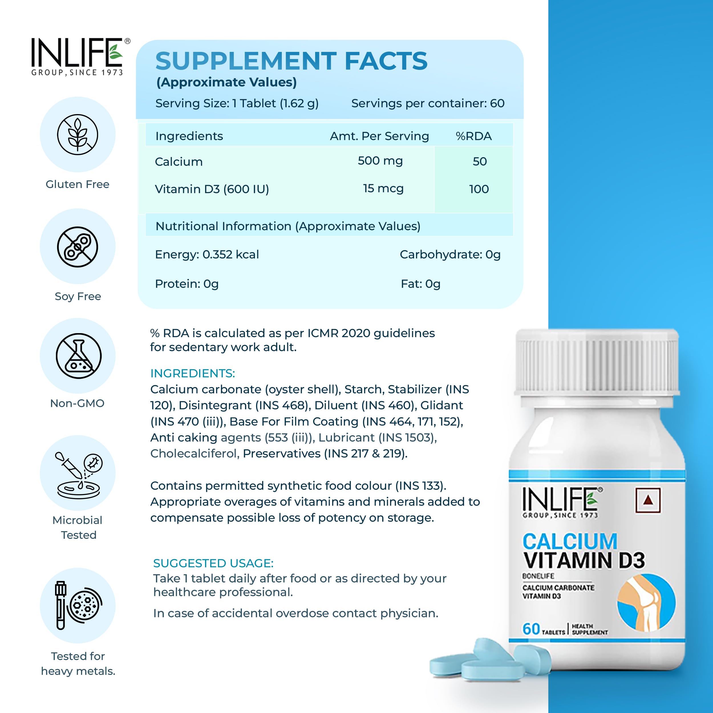 INLIFE Calcium and Vitamin D3 Tablets, Bone & Joint Support, 60 Count 4