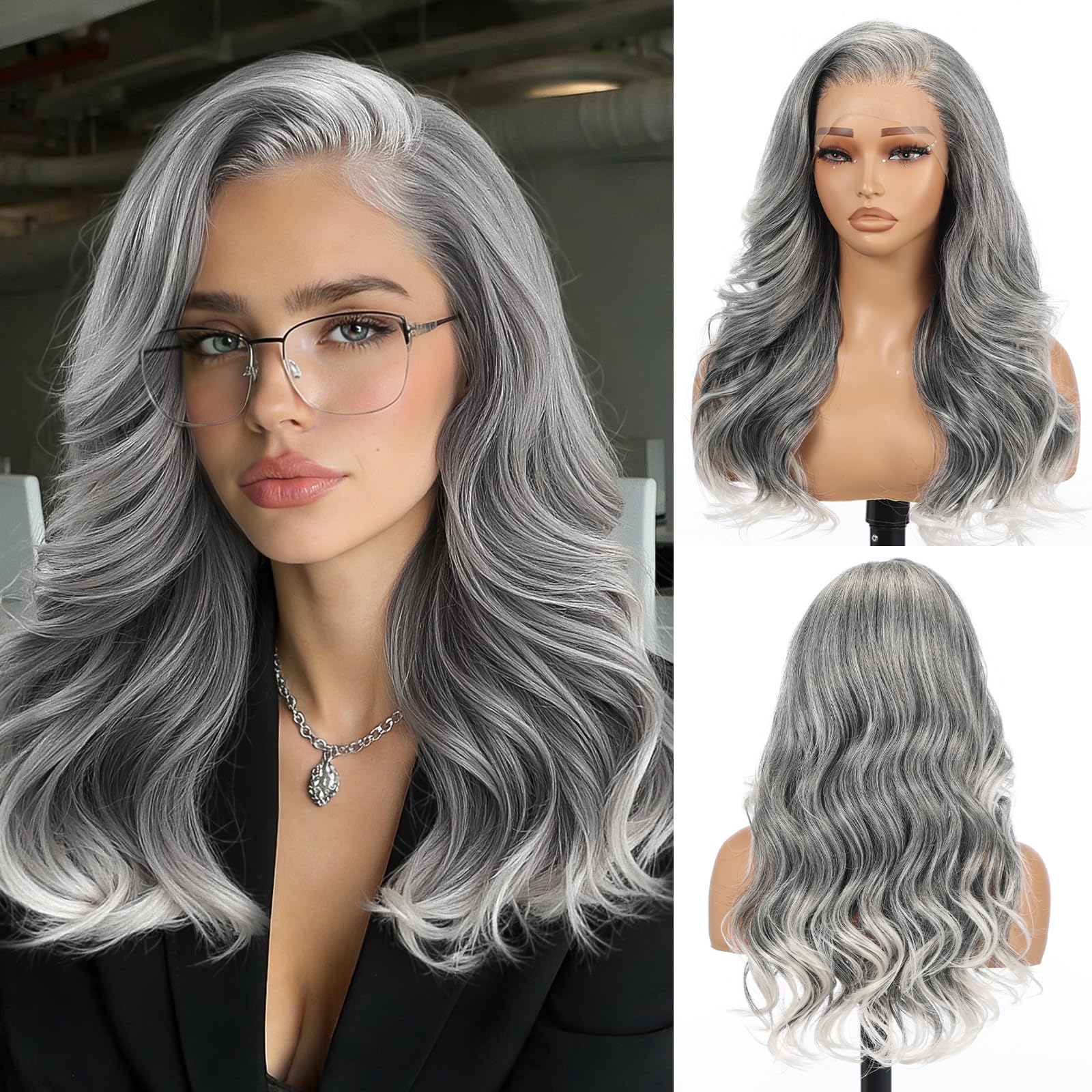 Allbell Graue Perücke für Frauen, 22 Zoll lange lockige Perücke mit Vorhangpony, 13x6 Lace Front Perücke für den täglichen Gebrauch