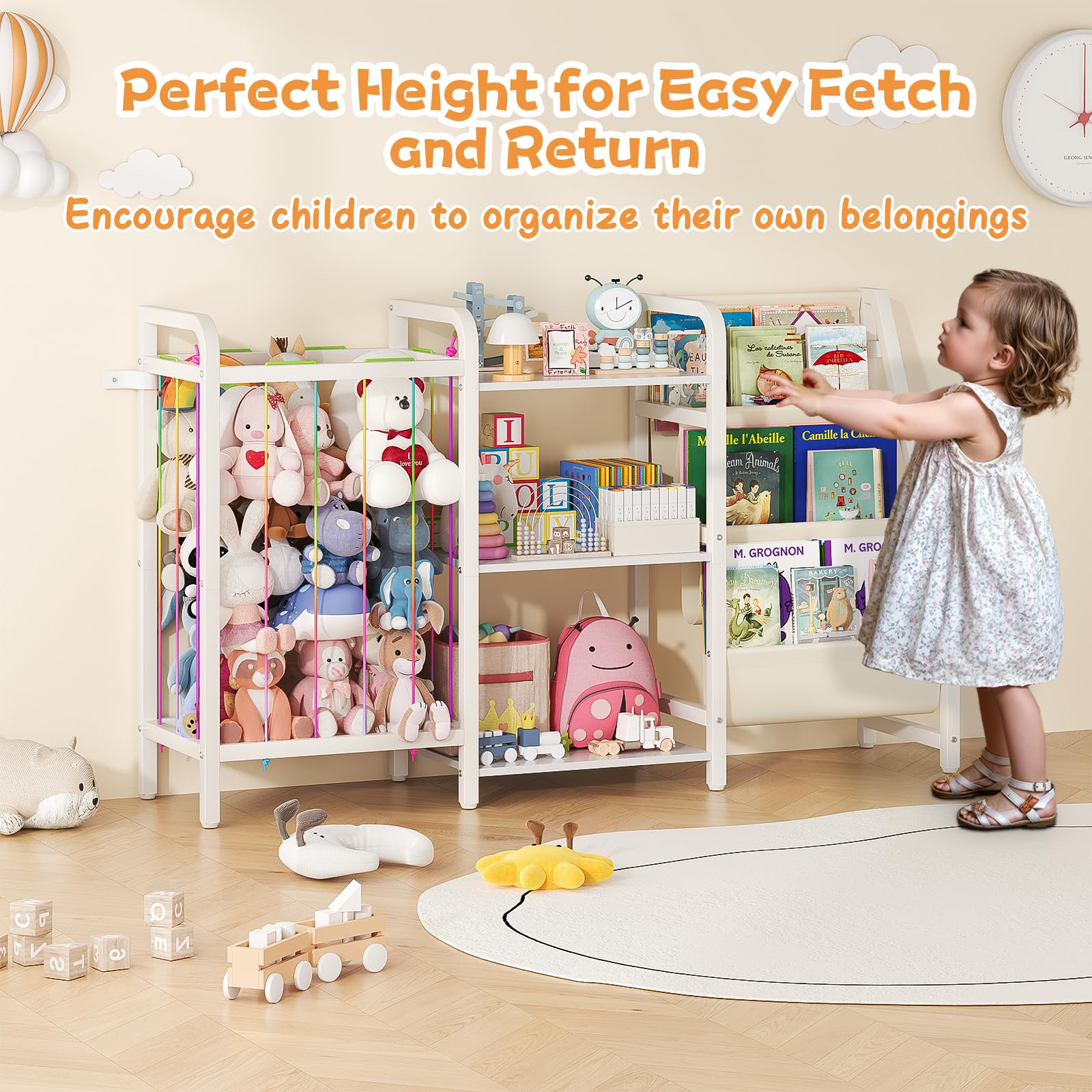 B1 - Estantería infantil y almacenamiento de juguetes, estante para libros de 3 niveles para habitaciones de niños, estantería para bebés con almacenamiento de animales de peluche, estantería 4