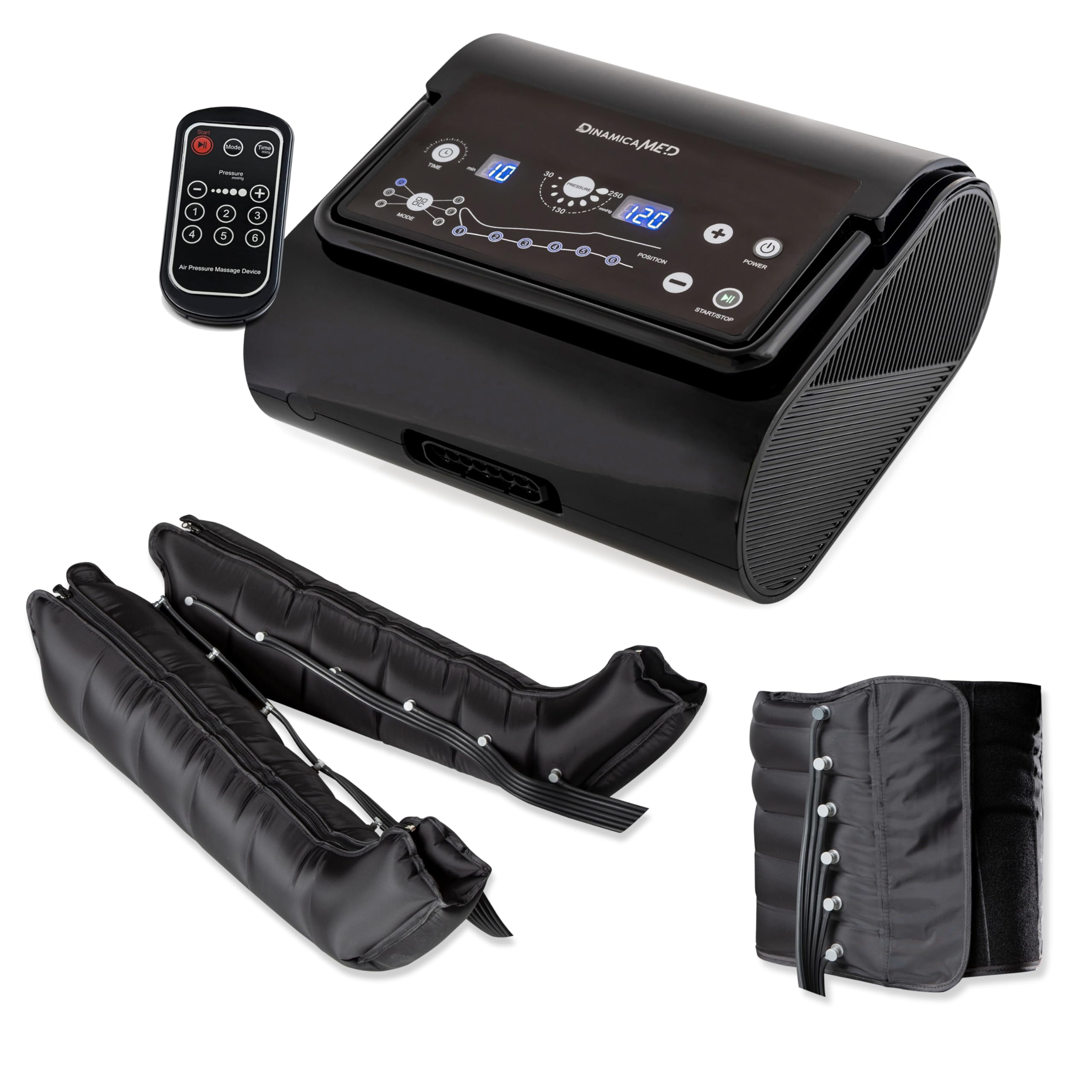 DinamicaMed® Premium 6.0 Compact Presoterapia para casa – Máquina de drenaje linfático con 6 programas, 6 cámaras de aire, Piernas XL y Faja Abdominal