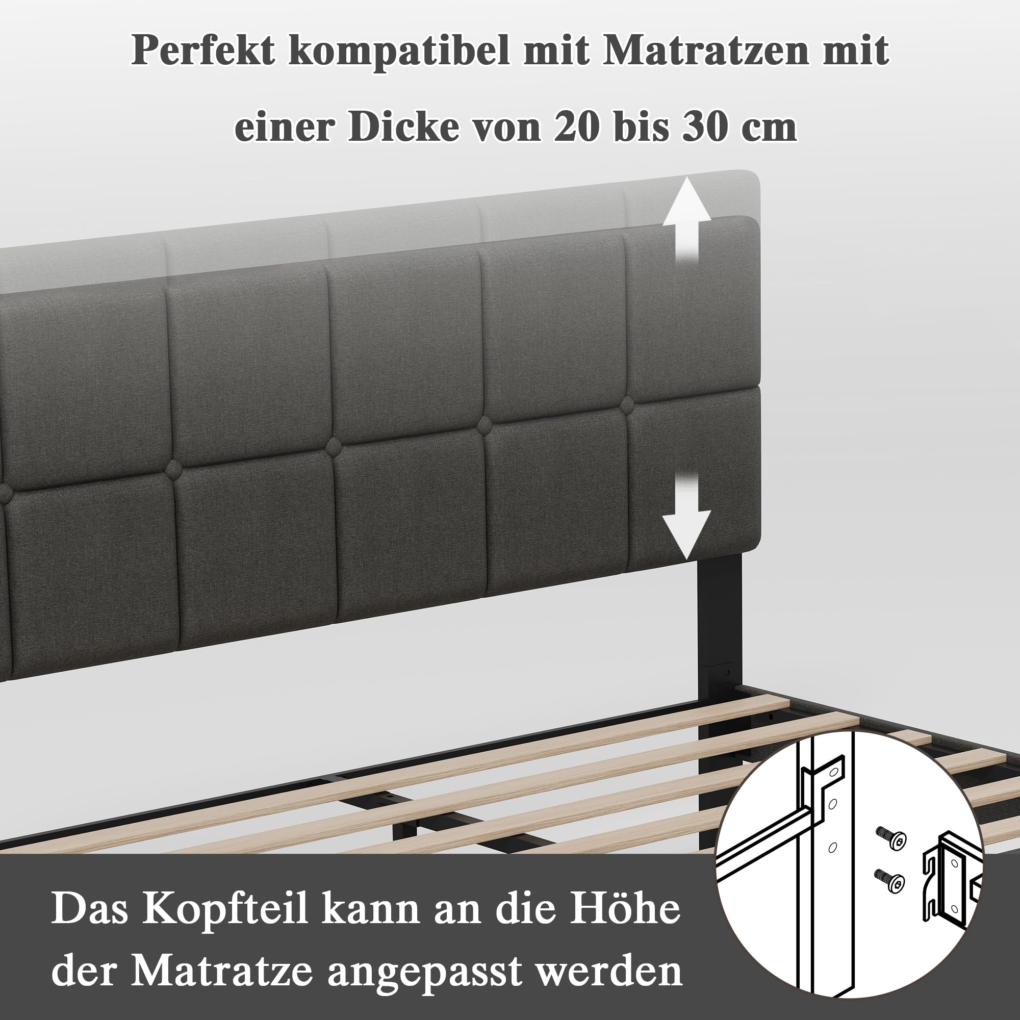 Z-hom Polsterbett 140x200cm Doppelbett, 32.5 cm Hohes Bett 140x200 mit Lattenrost aus Holz, Höhenverstellbares Kopfteil, Kompakte Verpackung & Einfache Montage