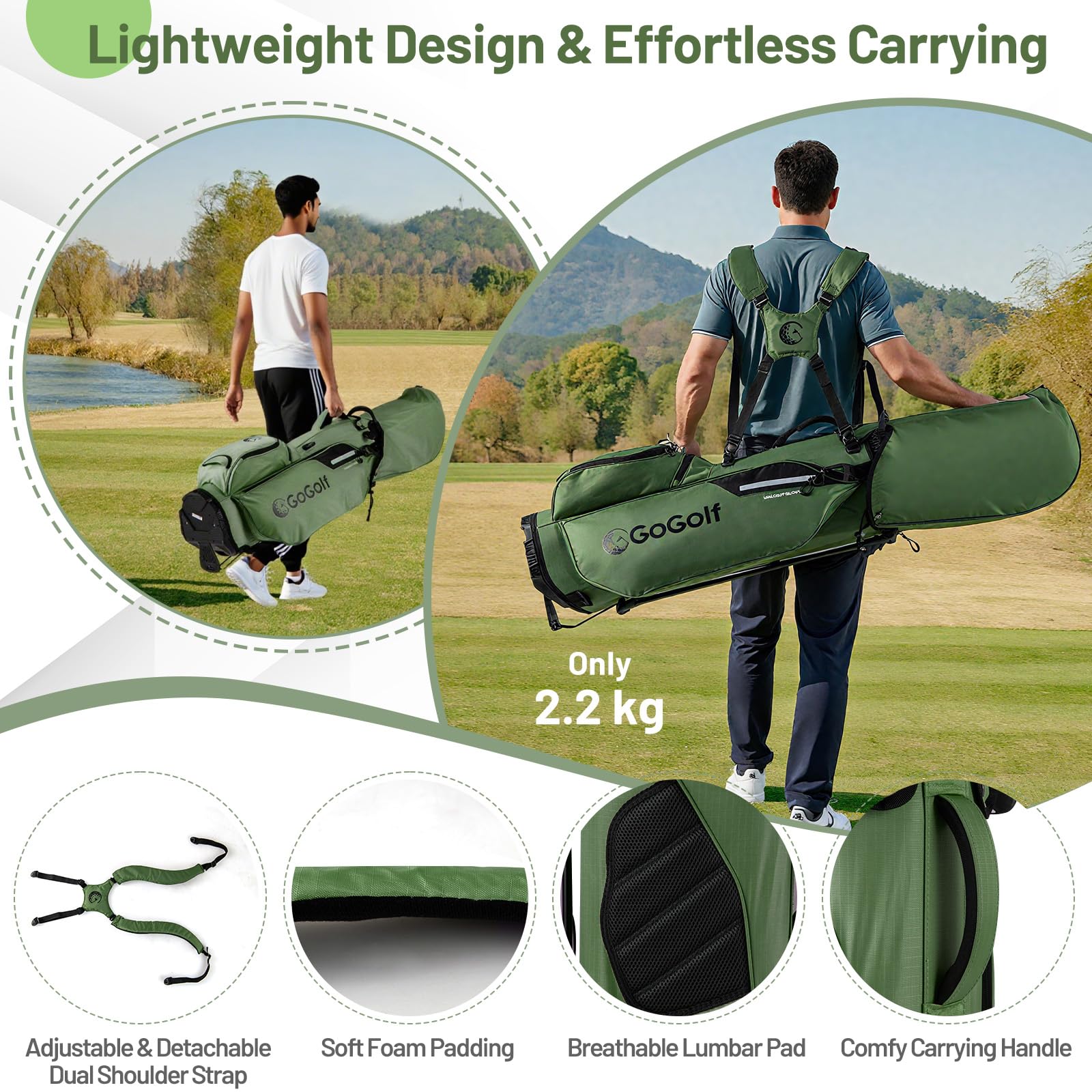 GOPLUS Bolsa de Soporte de Golf, Bolsa de Transporte de 8 Vías con 5 Bolsillos, Capucha para Lluvia, Bolsa de Palo Portátil y Ligera con Correa Doble