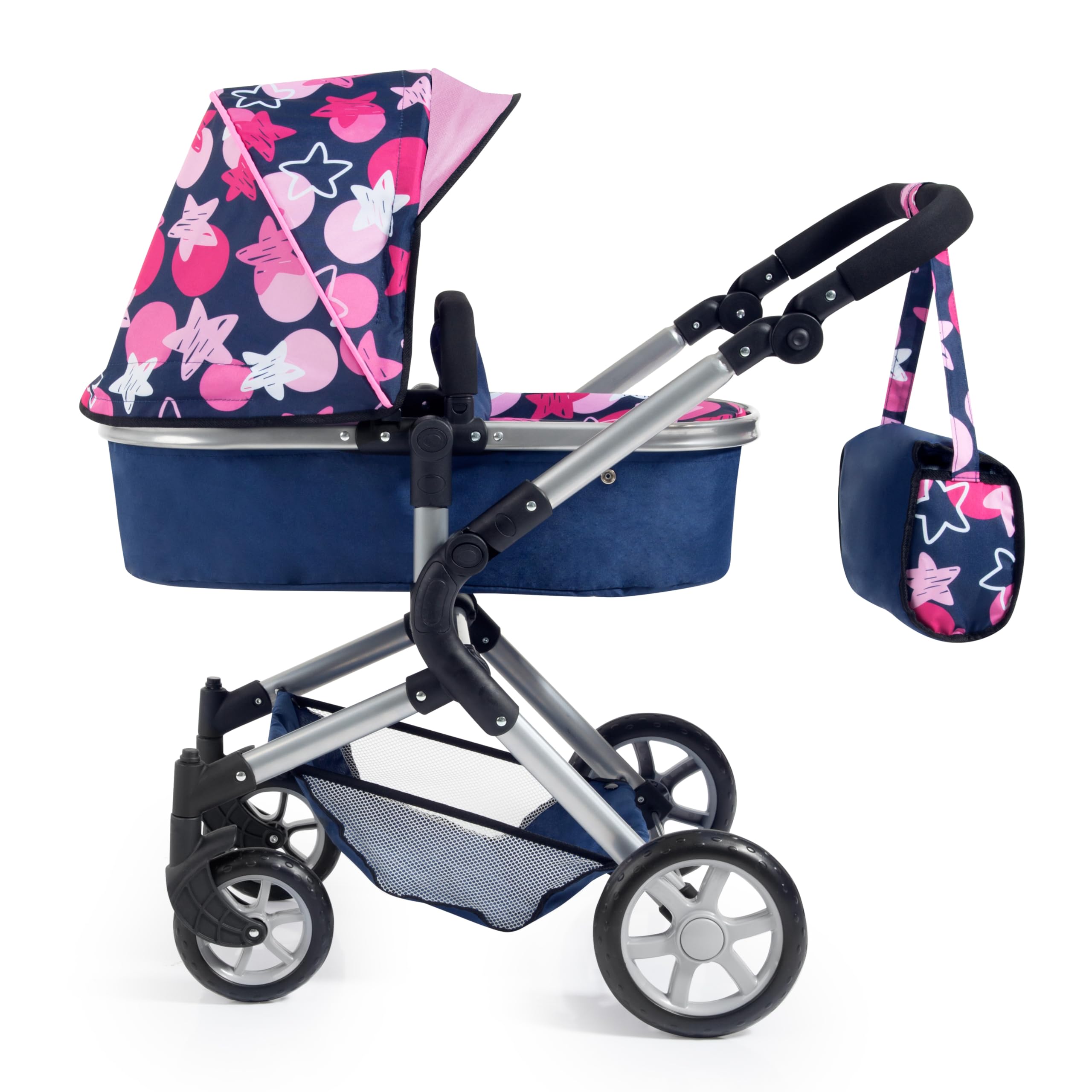 Bayer Design 18169AA Passeggino/Carrozzina per Bambola, regolabile in altezza, pieghevole, blu con motivo a stella