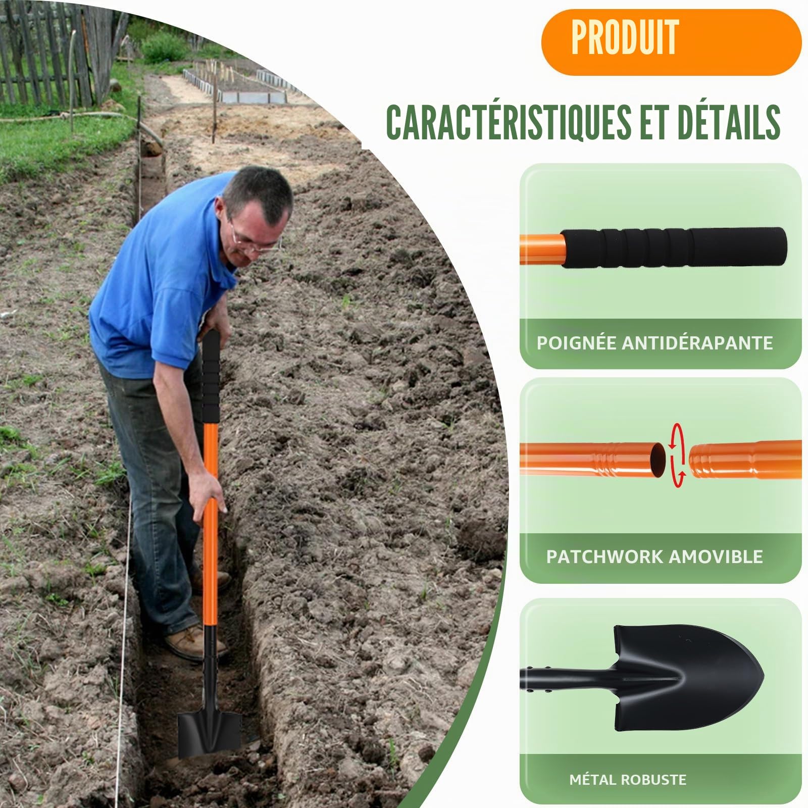Petite Pelle de Jardin avec Manche en Acier Inoxydable de 110 cm, pelles métalliques Robustes et Amovibles pour Le Jardinage, Le creusement, Le Camping et l'ouverture de tranchées, Orange