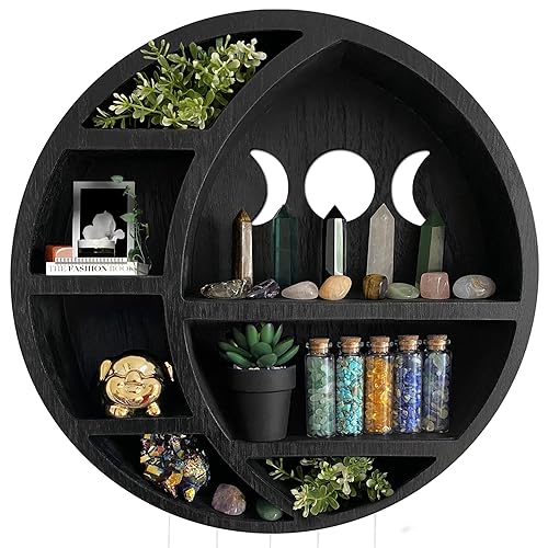 Ella & Emma Wooden Moon Shelf for Crystals - Crescent Moon Crystal Shelf, Storage & Wall Hanging Shelves for Bedroom Aesthetic, Moon Phase Wall Decor & Crystal Display Shelf, Pinewood, Black - Full Black