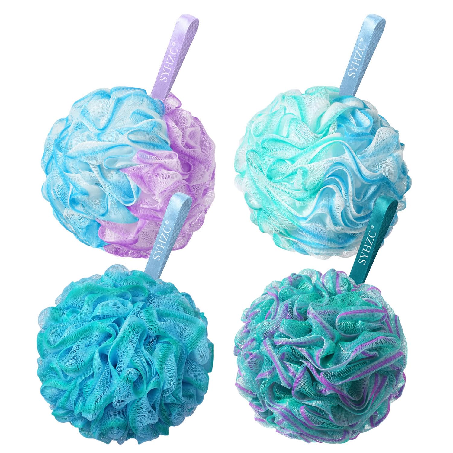 SYHZC 75g Ultra-Dense Shower Puff Family Set (4 Pack) – XL Heavy Duty Body Sponges (Approx. 5.9") – Colour-Coded for Hygiene – 25% Heavier for Rich Lather – Silky-Mesh Loofahs, Ocean Gradient