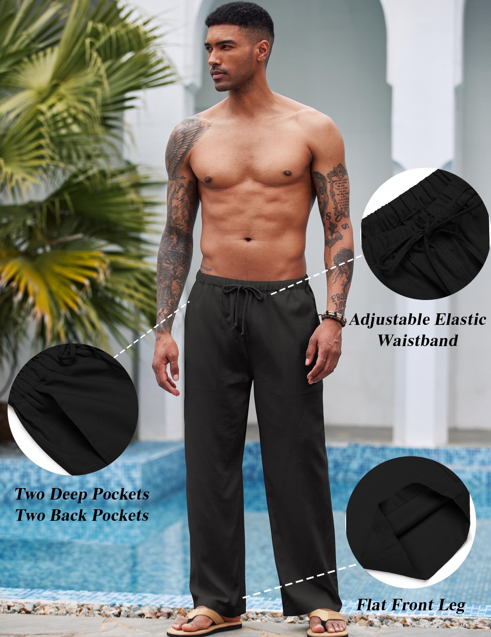 COOFANDY Leinenhose Herren mit Tunnelzug Herrenhose Leicht Sommerhose Freizeithose Einfarbig Leinen Hosen mit Taschen