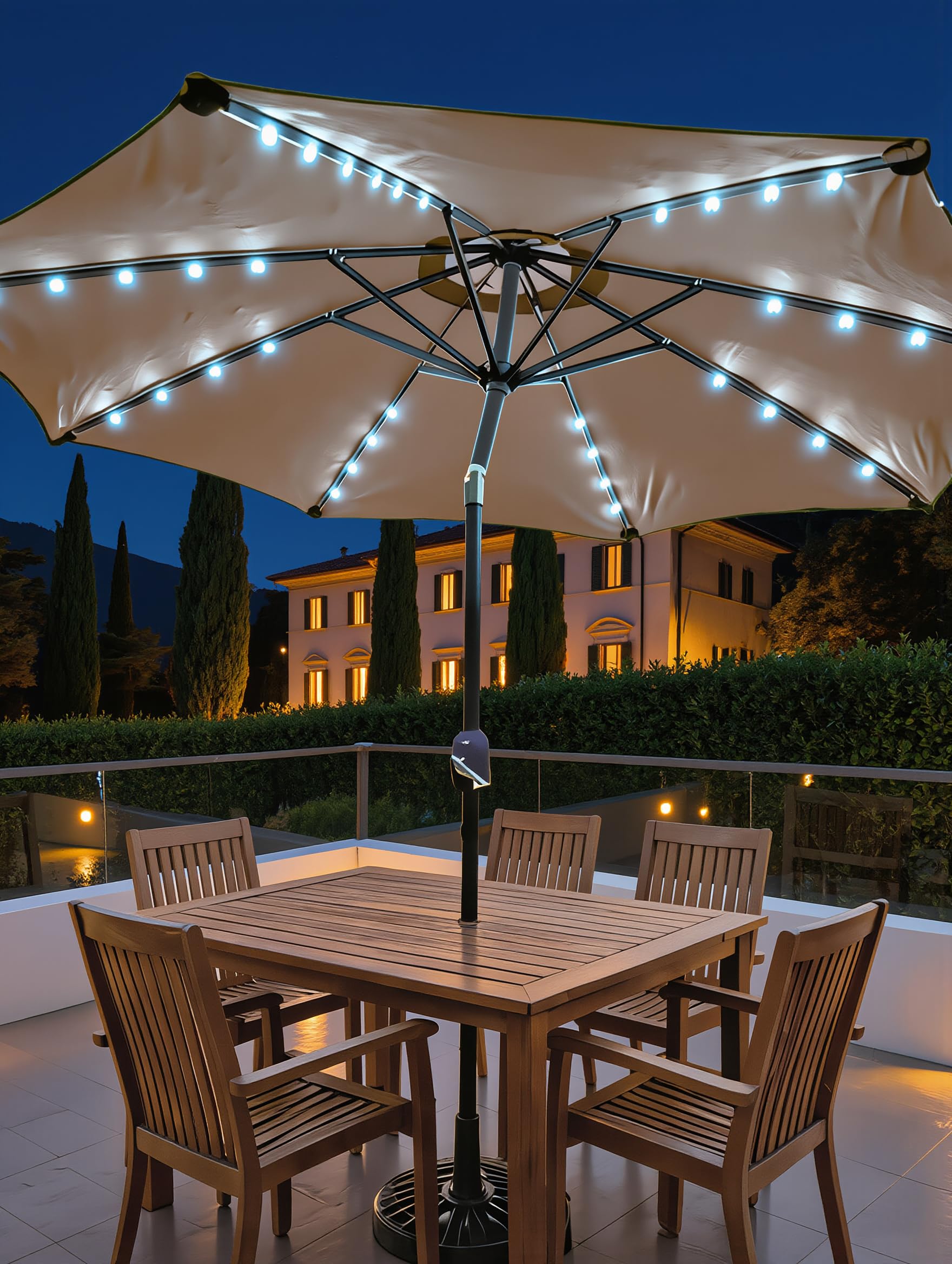 Ombrellone da Giardino BALì 3 Metri Inclinabile con Luci LED Solari Integrate – Protezione UV80+ – Apertura a Manovella Push-Button – Struttura Acciaio Verniciato – Parasole Terrazzo Piscina Dehors