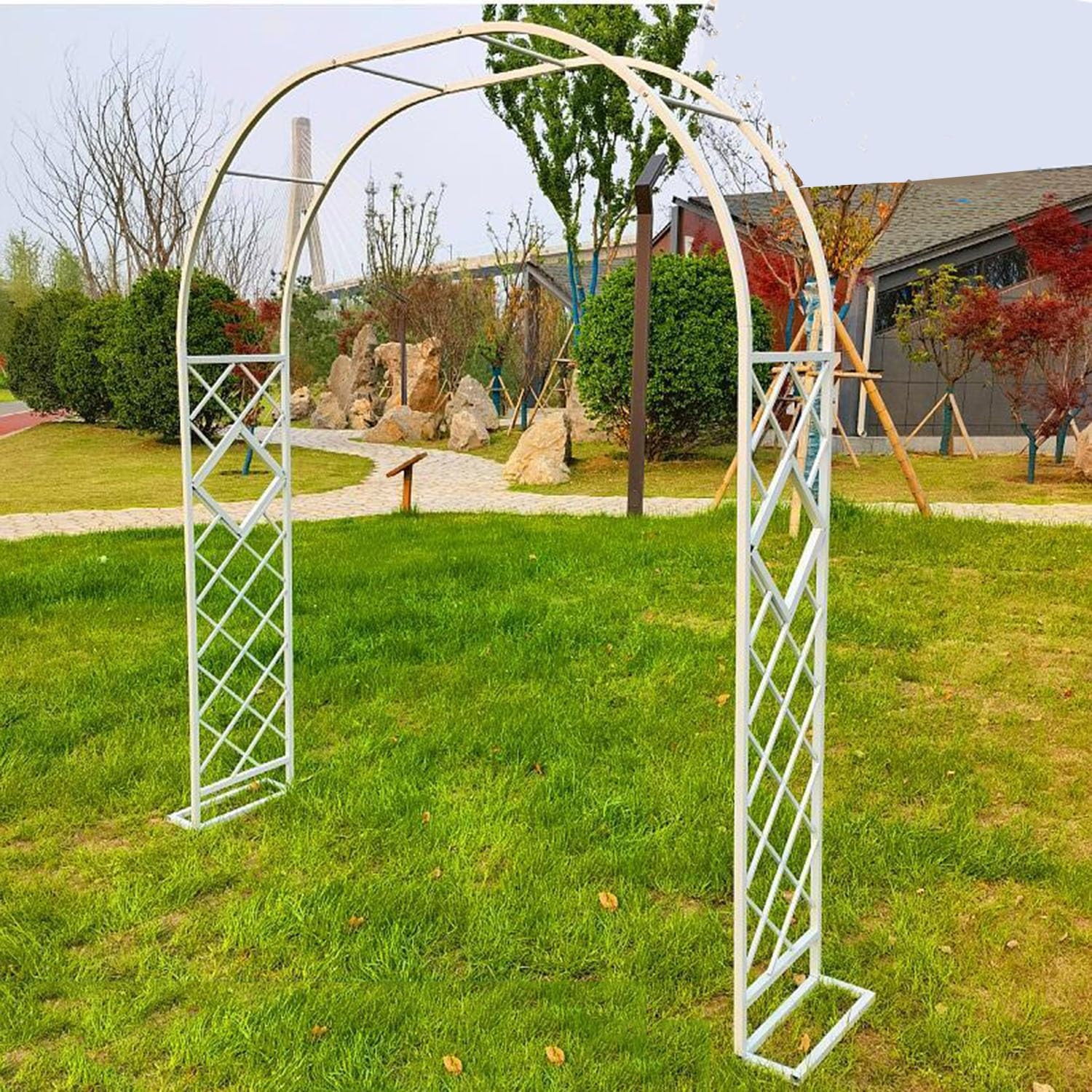 Wytrzymały metalowy łuk ogrodowy do roślin pnących, odporny na warunki atmosferyczne, żelazna pergola, krata, na trawnik, dekoracje ślubne (biały, 2,6 m)
