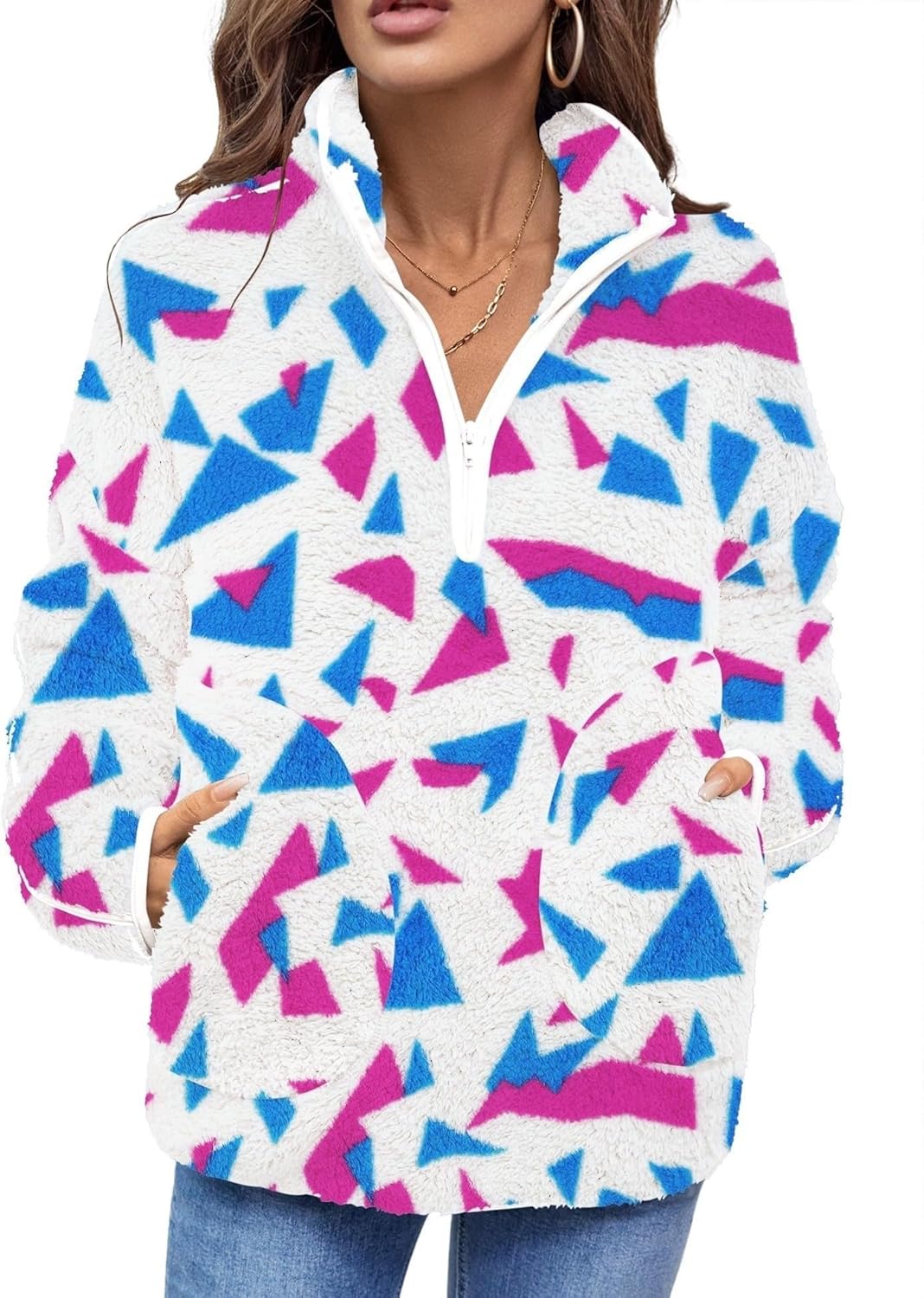 LOMON Womens Fuzzy Fleece Half-Zip Pullover Sweatshirt with Pockets Fall Lapel Long Sleeve Casual Outerwear - Image 4