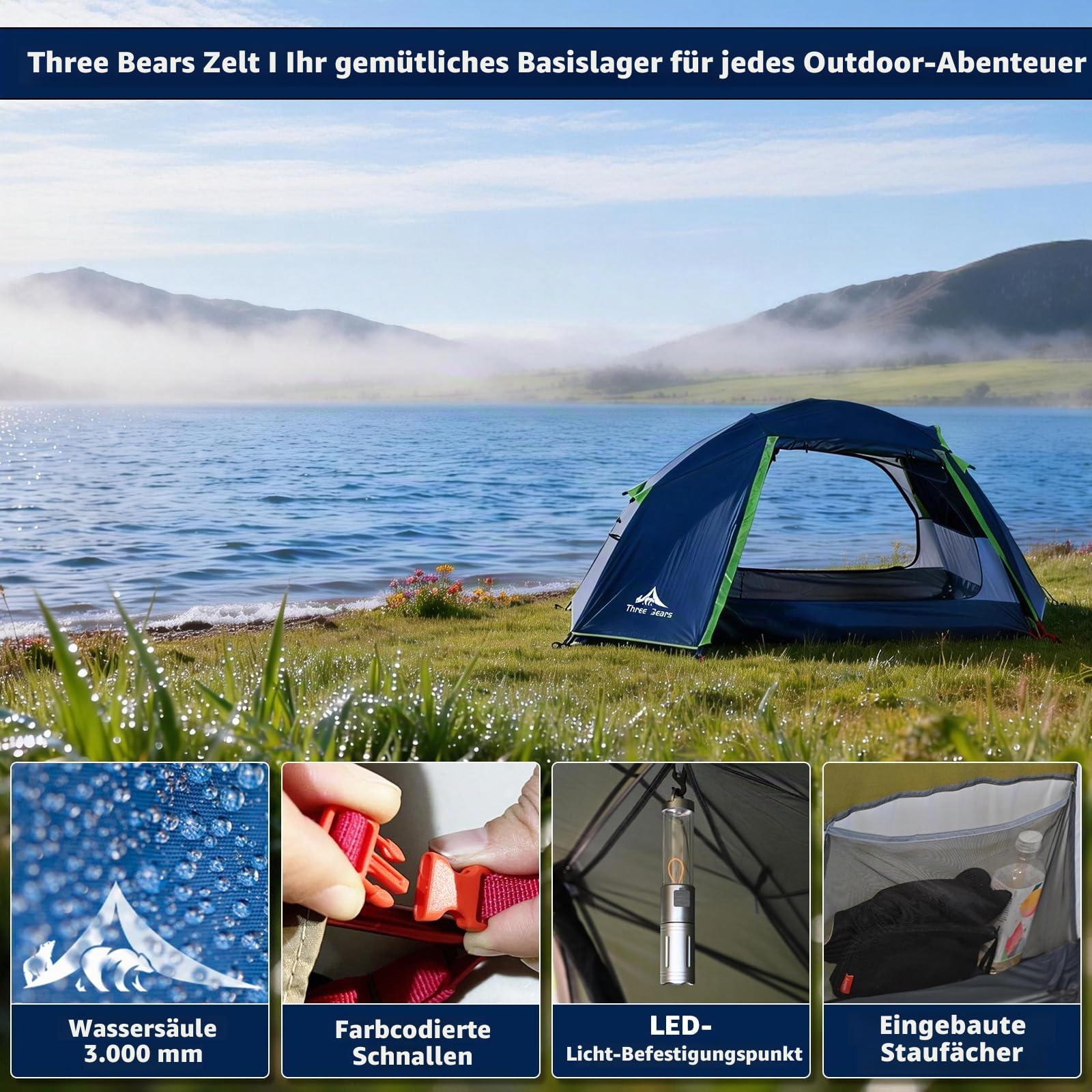 Three Bears Ultraleichtes 2/4-Personen-Rucksackzelt – 3000 mm wasserdicht, sofortiger Aufbau, robust und tragbar für Camping, Wandern und Reisen
