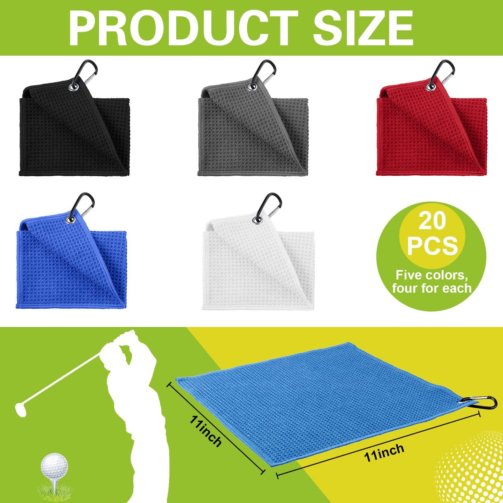 Golf-Handtuch mit Waffelmuster, Mikrofaser, Golf-Handtuch mit Haken, Clips, Reinigung, Golf-Zubehör für Männer und Frauen, praktisches Golf-Gadgets, Sport, Angeln, Küche, 5 Farben (20 Stück)