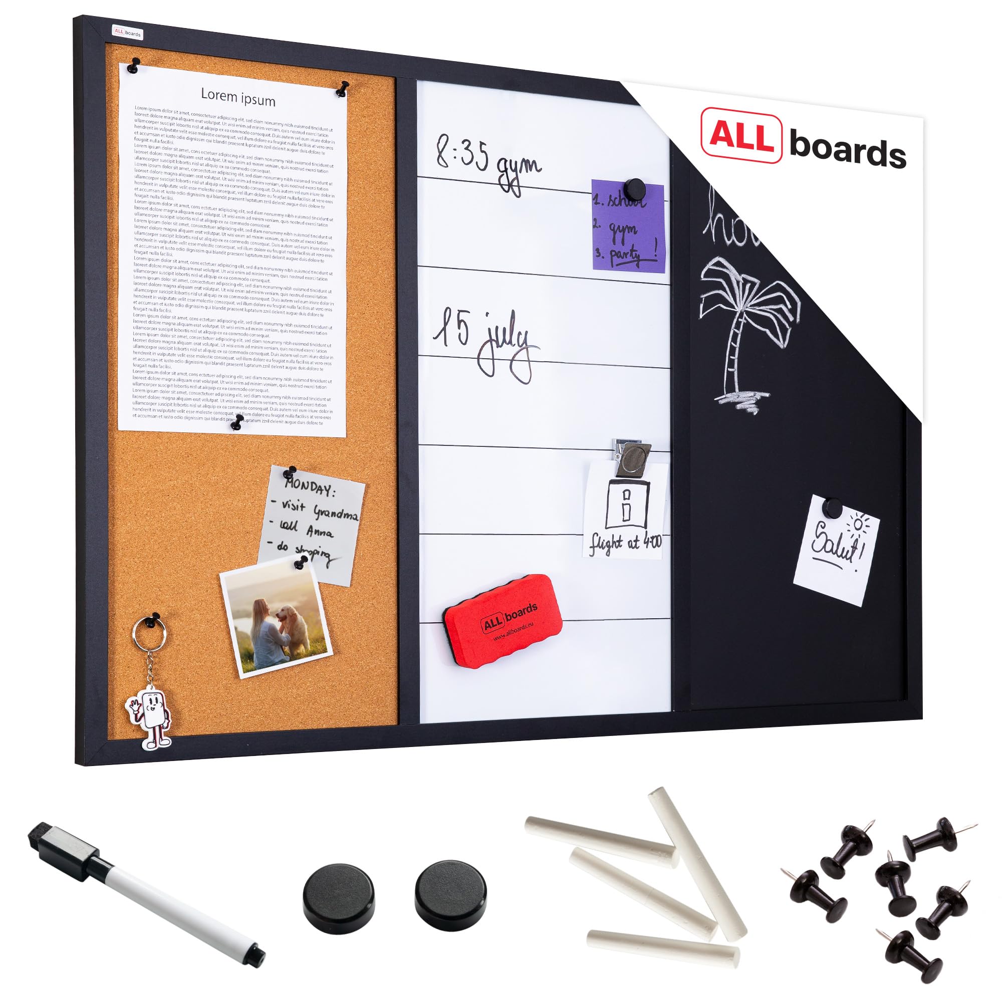 ALLboards 3-in-1 Combi Board: Dry-Erase Magnetic Whiteboard, Magnetic Chalkboard, and Corkboard 90×60 cm