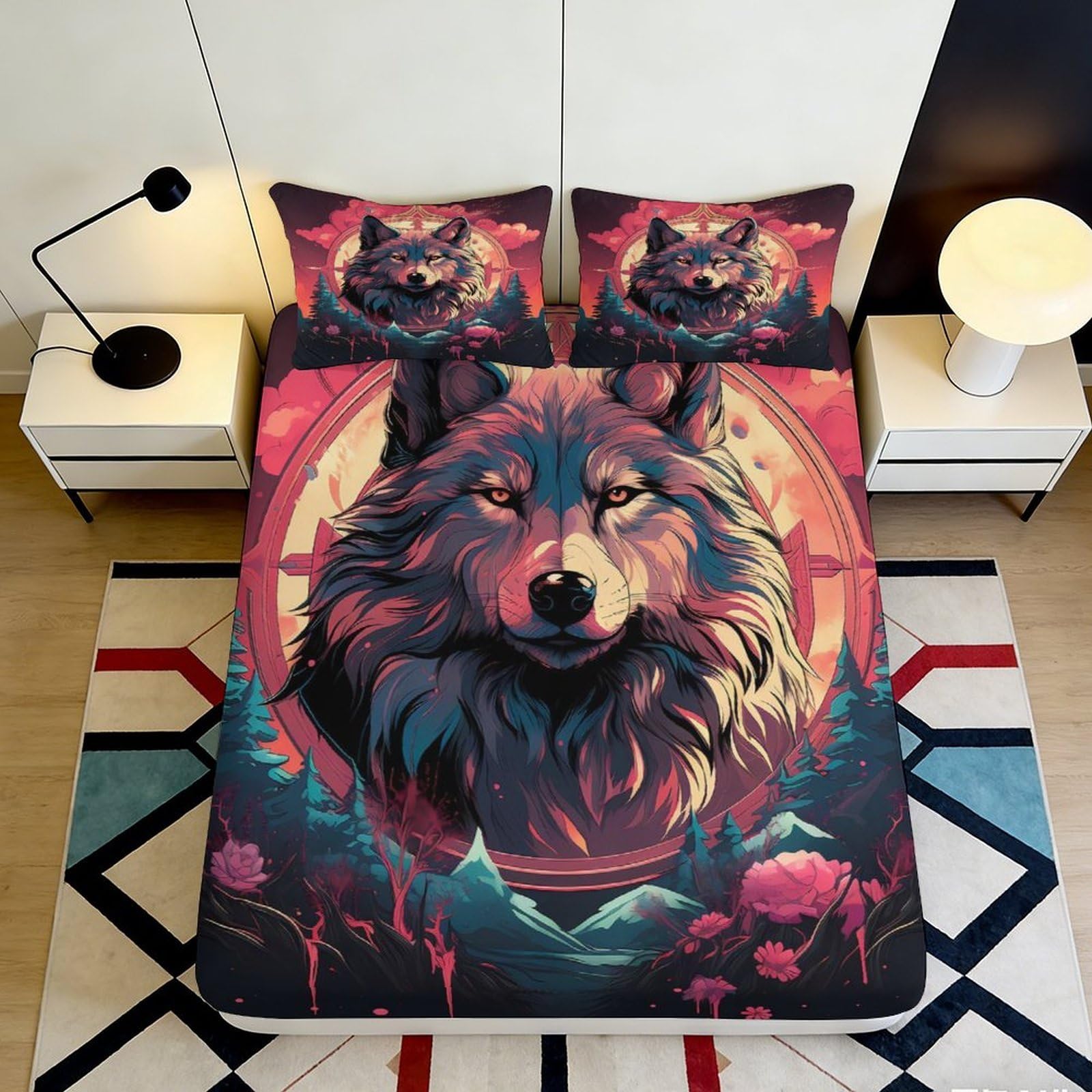3D Printed Wolf Moon Fitted Sheet Microfiber Soft Animal Forest Mattress Cover for Bedroom Dorm Easy Care Decor 90x200x25cm