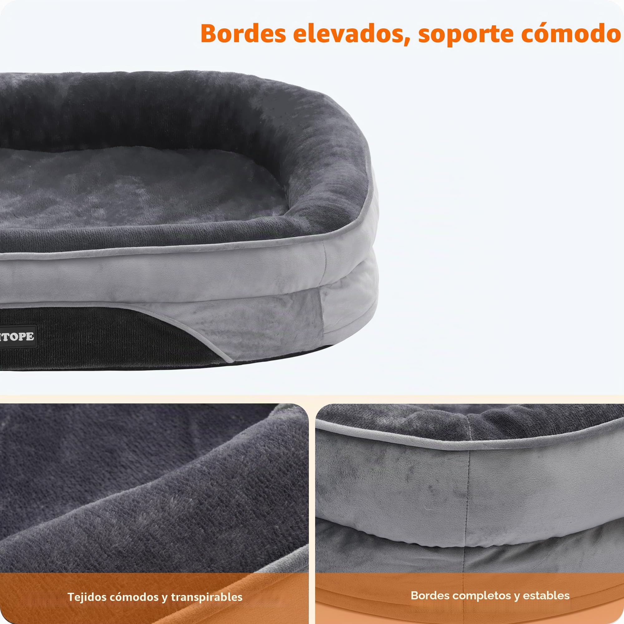HMTOPE Cama ortopédica para perros, sofá para perros, cojín cervical de cuatro lados, base antideslizante, cesta para perros, extraíble y lavable, perros medianos y grandes, 106 x 79 x 17 cm, gris