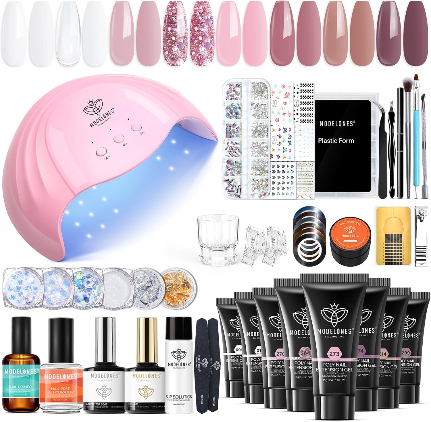 Modelones Polygel Nail Kit, 48W UV LED 8 Glitter Kleuren Builder Nail ...