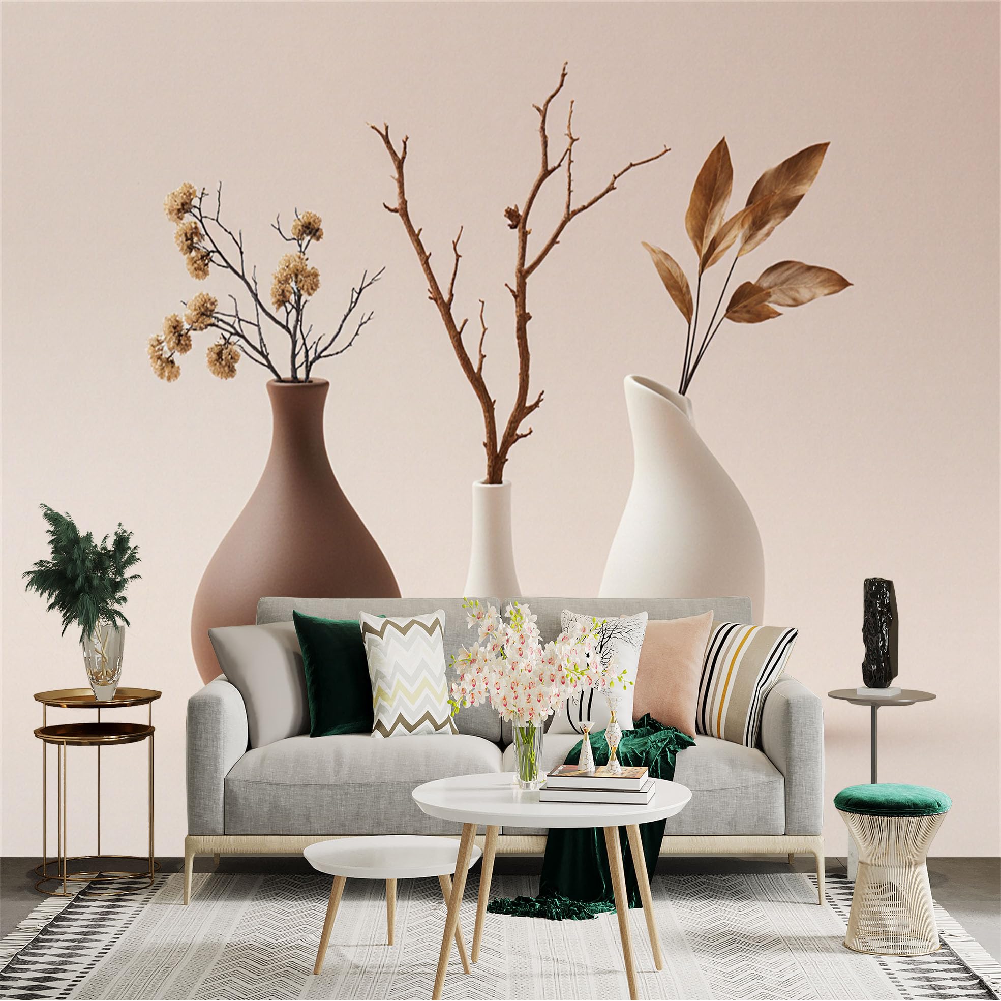 Custom Size Wall Sticker Mural， Modern Minimalist Vases with Dried Branches， Neutral Tone Ceramic Art， for wall Decoration， peelandstick wall Decals.