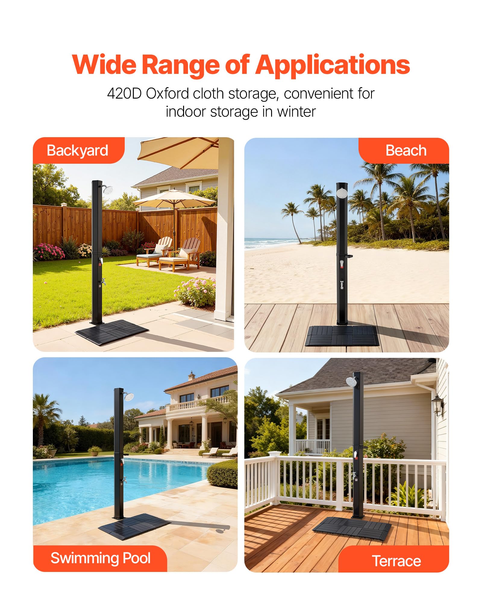 VEVOR Ducha Solar 35 litros 195 cm, Ducha Solar Exterior con Suelo y Grifo de Pedal, Cabezal Giratorio 360° Ajuste de Agua Fría y Caliente hasta 60 °C, PVC Reforzado, para Piscina Jardín Playa, Negro