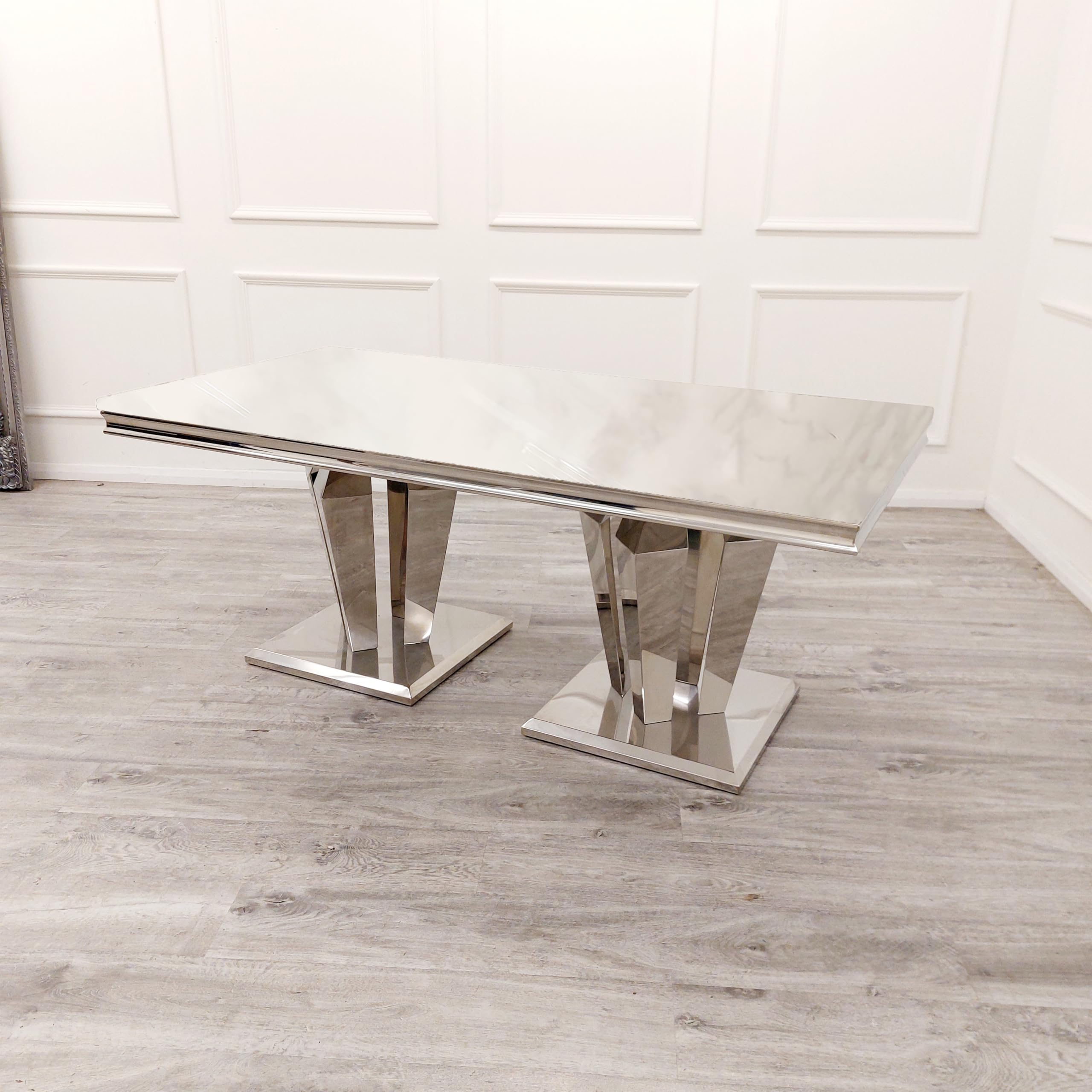 Luxueuse table de salle à manger Athena 1 8 m avec double base miroir ; plateau élégant en marbre ou en verre ; table de salle à manger élégante pour 6 personnes ; finition marbre blanc