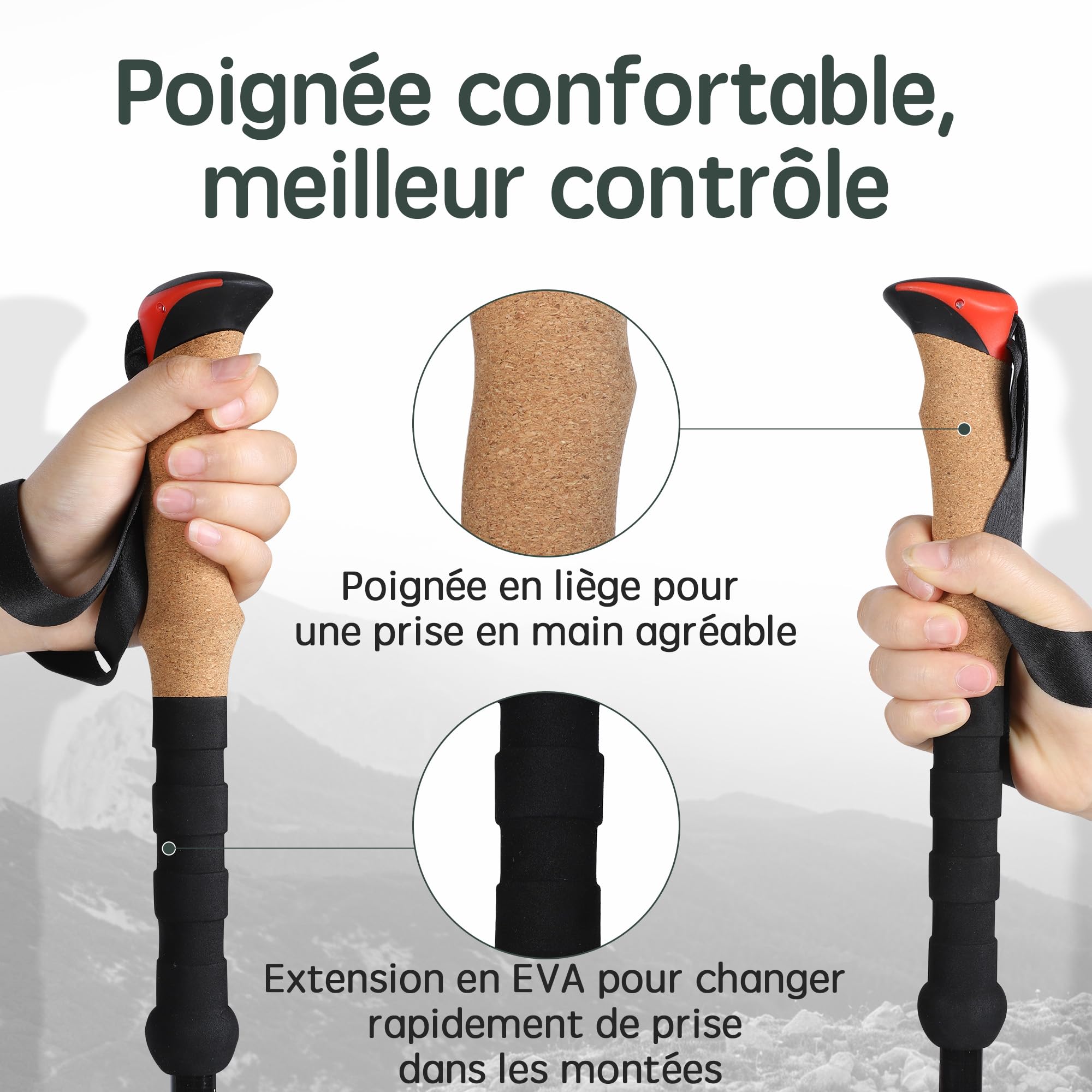 Bâtons de randonnée télescopiques Lot de 2, 200 g chacun, réglables 62–135 cm, en Carbone, poignée liège + EVA, Verrouillage Aluminium, randonnée et Marche Nordique | 62-135 cm, réglable, poignée en liège avec EVA, fermeture en aluminium, sac et 10 access