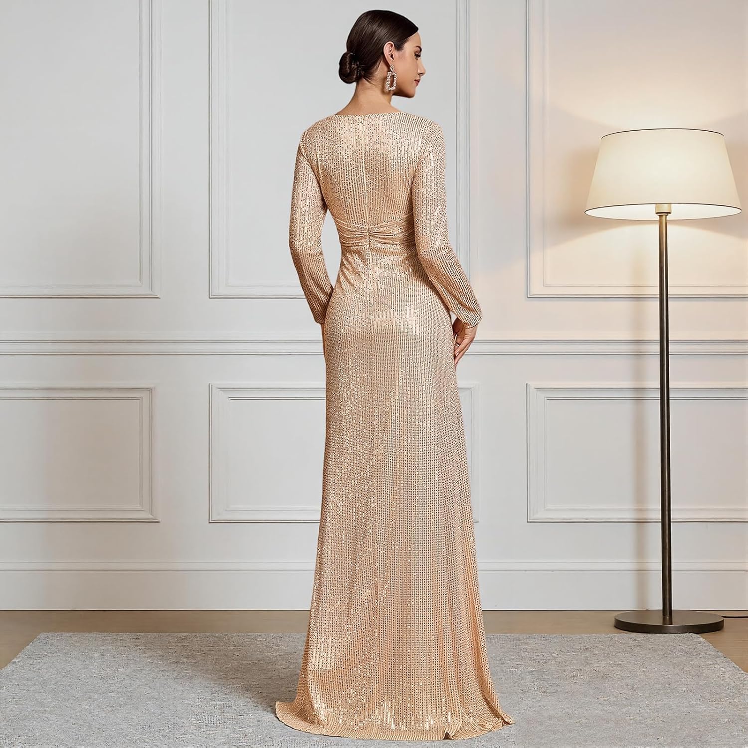 V-Neck Maxi Formal Dress with Long Sleeve, Sequin & Knot, A-Line Embroidered Evening Gown for Party, Prom & Cocktail - Image 4