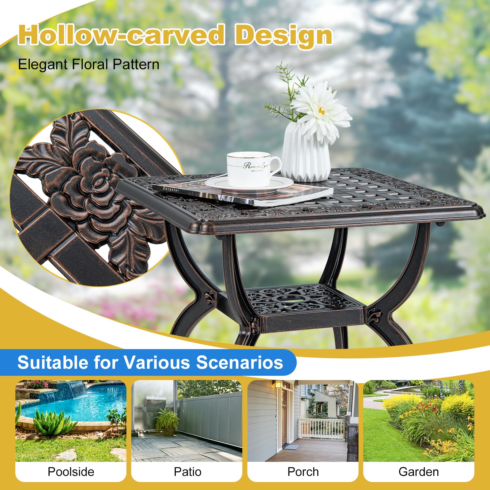 GIANTEX Mesa de Jardín de Aluminio Fundido, 53 x 53 x 48 cm, Mesa Auxiliar Cuadrada para Balcón con Estante y Almohadillas Ajustables para Pies, Mesa de Café para Jardín, Patio, Terraza