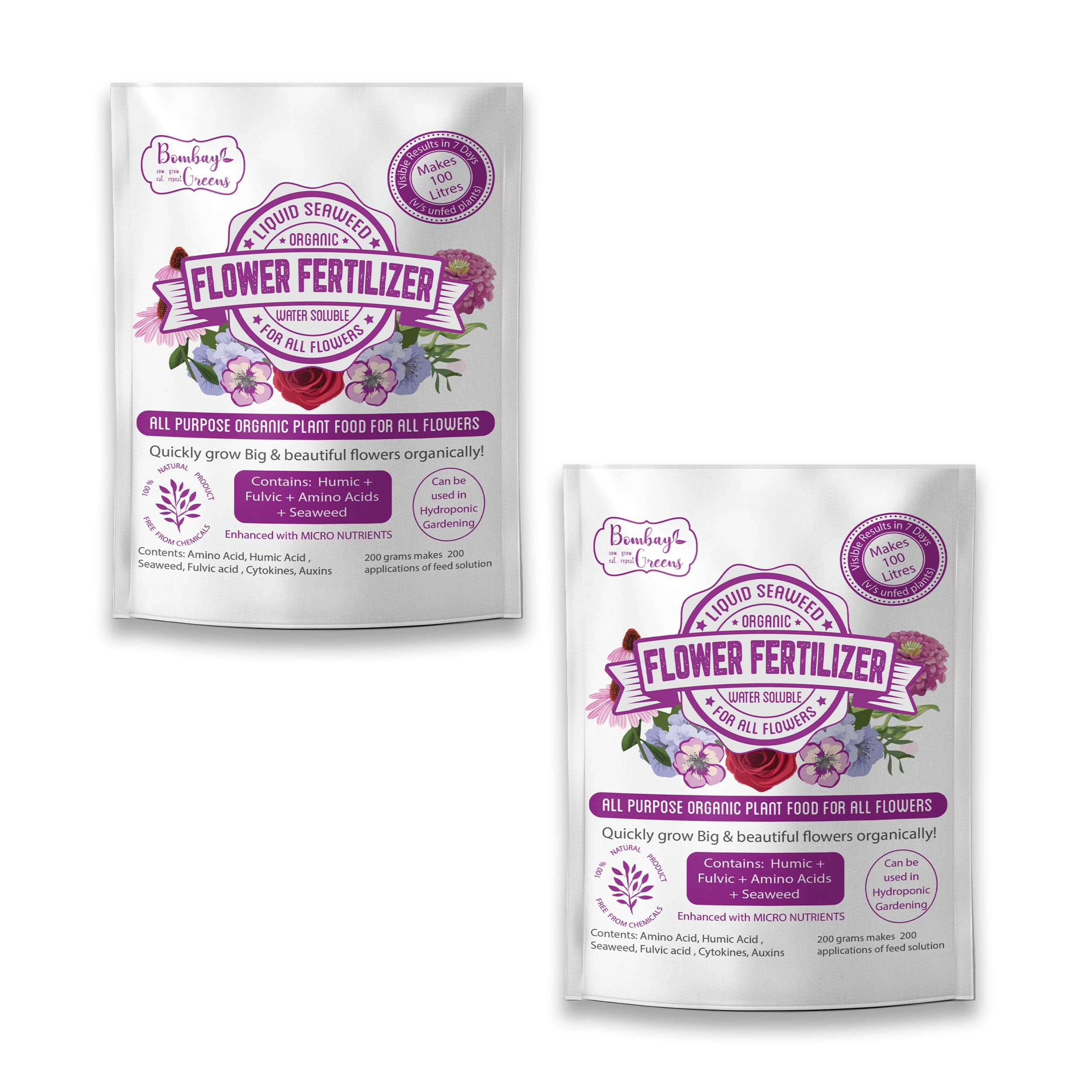 Bombay Greens Organic Liquid Fertilizer for Flowering Plants, with Seaweed Extract, Humic & Fulvic Acid for all flowers (Makes 100 Litres) - Pack of 2 (B0C412YJR6) Amazon Price History, Amazon Price Tracker