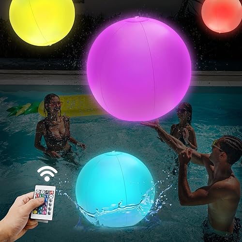 4 Pack Light-Up Beach Balls, 16 Glow-in-the-Dark Inflatable Pool Toys, Floating Balls with 16 Colors and 4 Lighting Modes, Perfect for Kids' Outdoor