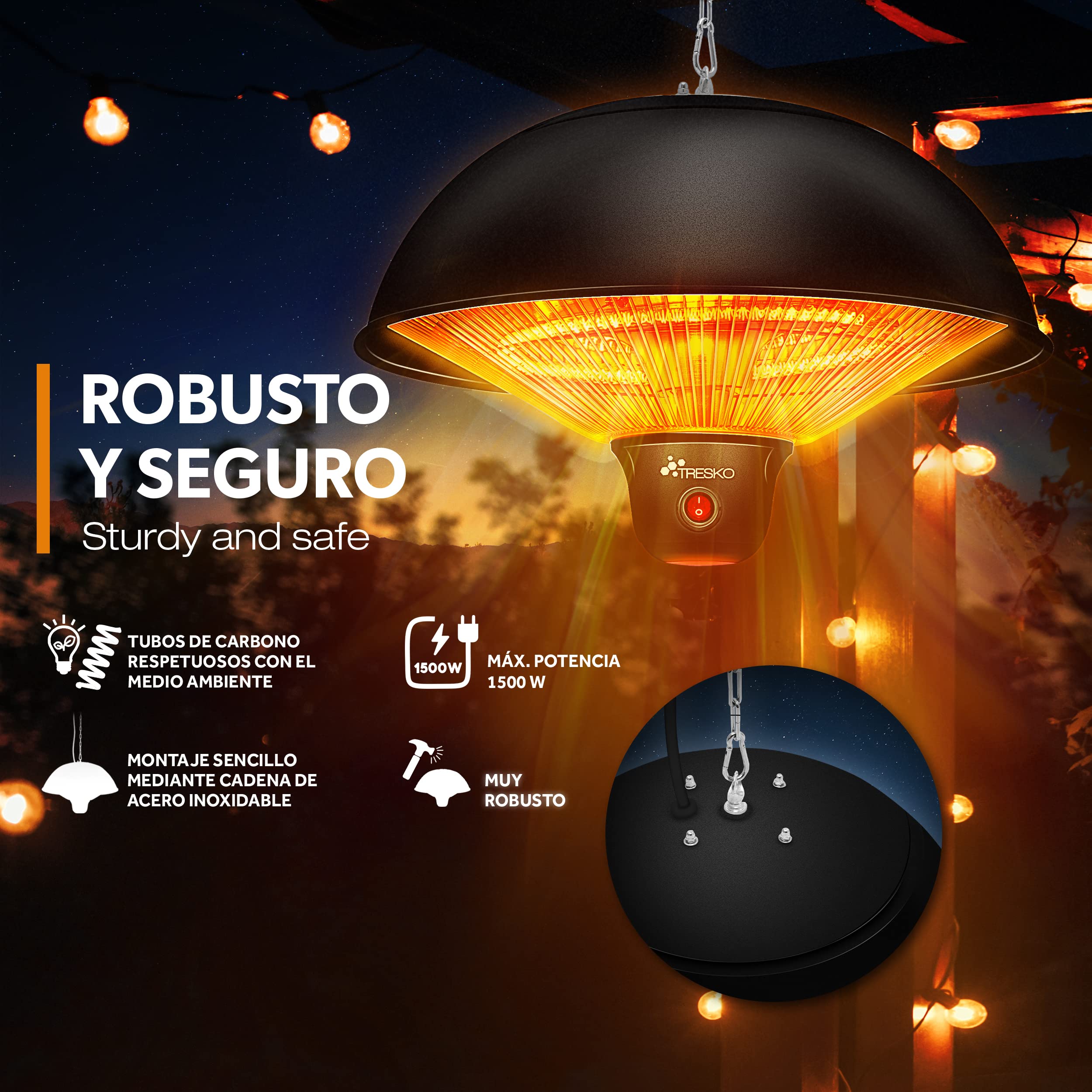 TRESKO Calefactor por Infrarrojos de Pared | 1500W + Control Remoto | Estufa Radiante de Terraza con 3 Temperaturas | Radiador Eléctrico para Exterior e Interior | Calentador de Techo (Negro)