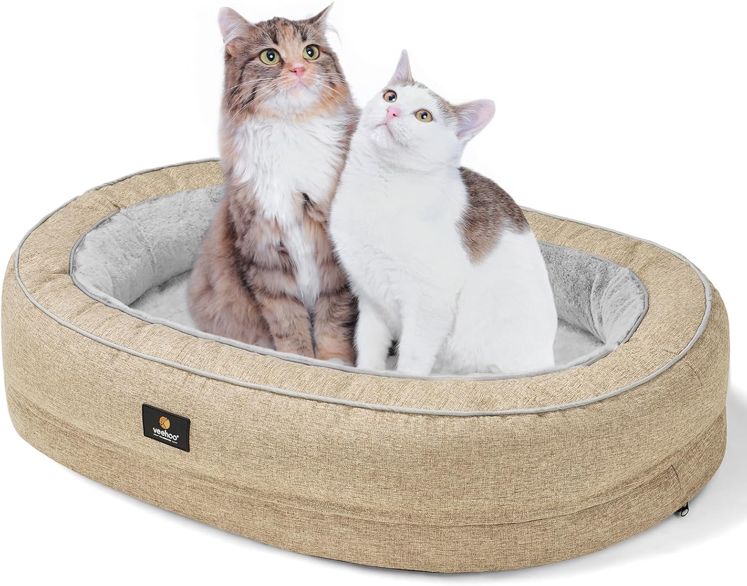 Veehoo Orthopedic Cat Bed for Indoor Cats, Oval Washable Cat Bed with Egg Crate Foam Support, Indoor Donut Puppy Cat Bed Bolster Dog Bed with Removable Cover & Non-Slip Bottom, Beige Coffee 34.6"L x 24.8"W x 7.8"Th Beige Coffee