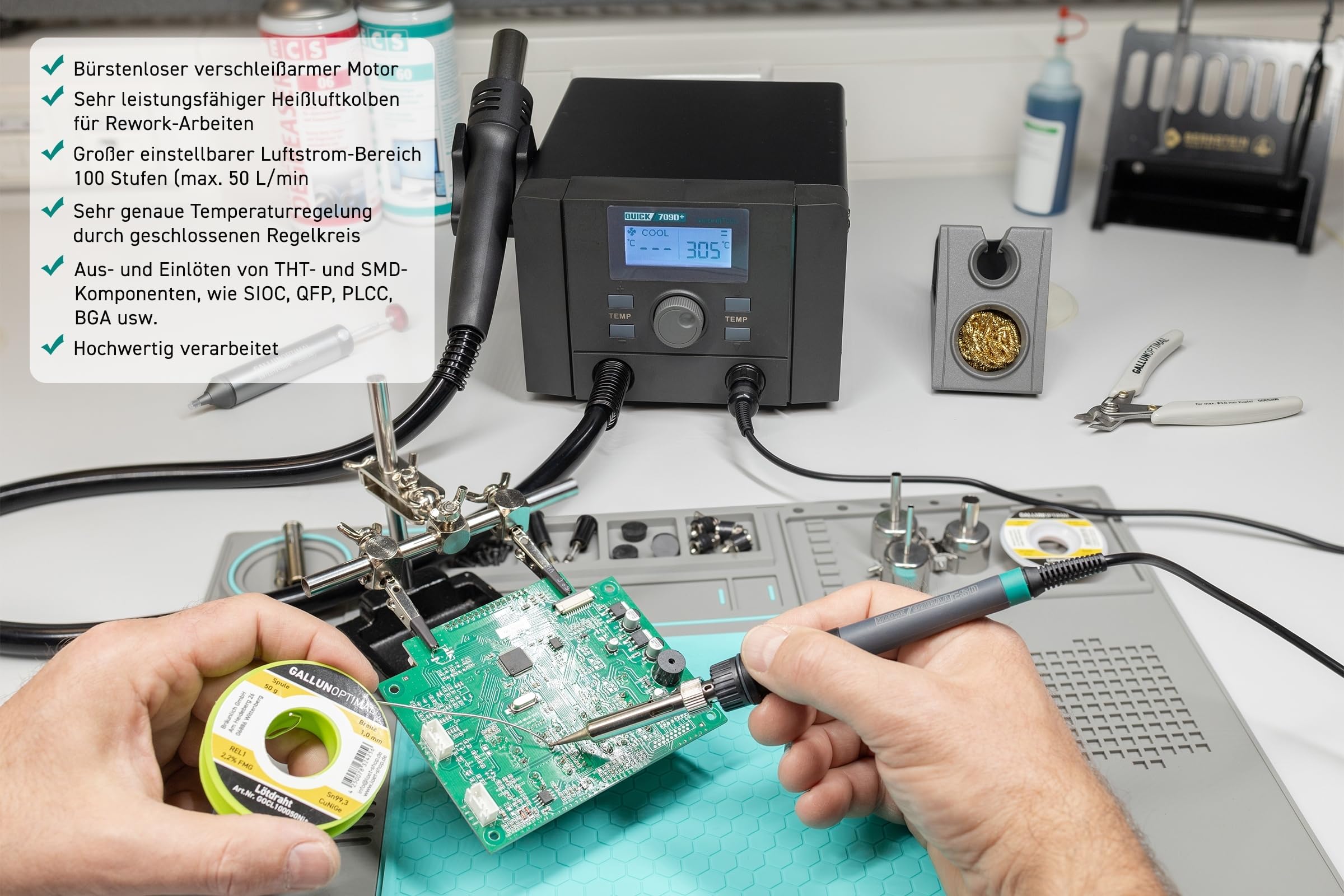 QUICK 709D+ 2in1 Reworkstation Sensor-geregelt und digital einstellbar 1350 Watt, Heißluft 100-500°C bis 50L/Min, 70 Watt Lötkolben bis 480°C - SMD Reworkstation - Standby - Auto-Kühlsystem