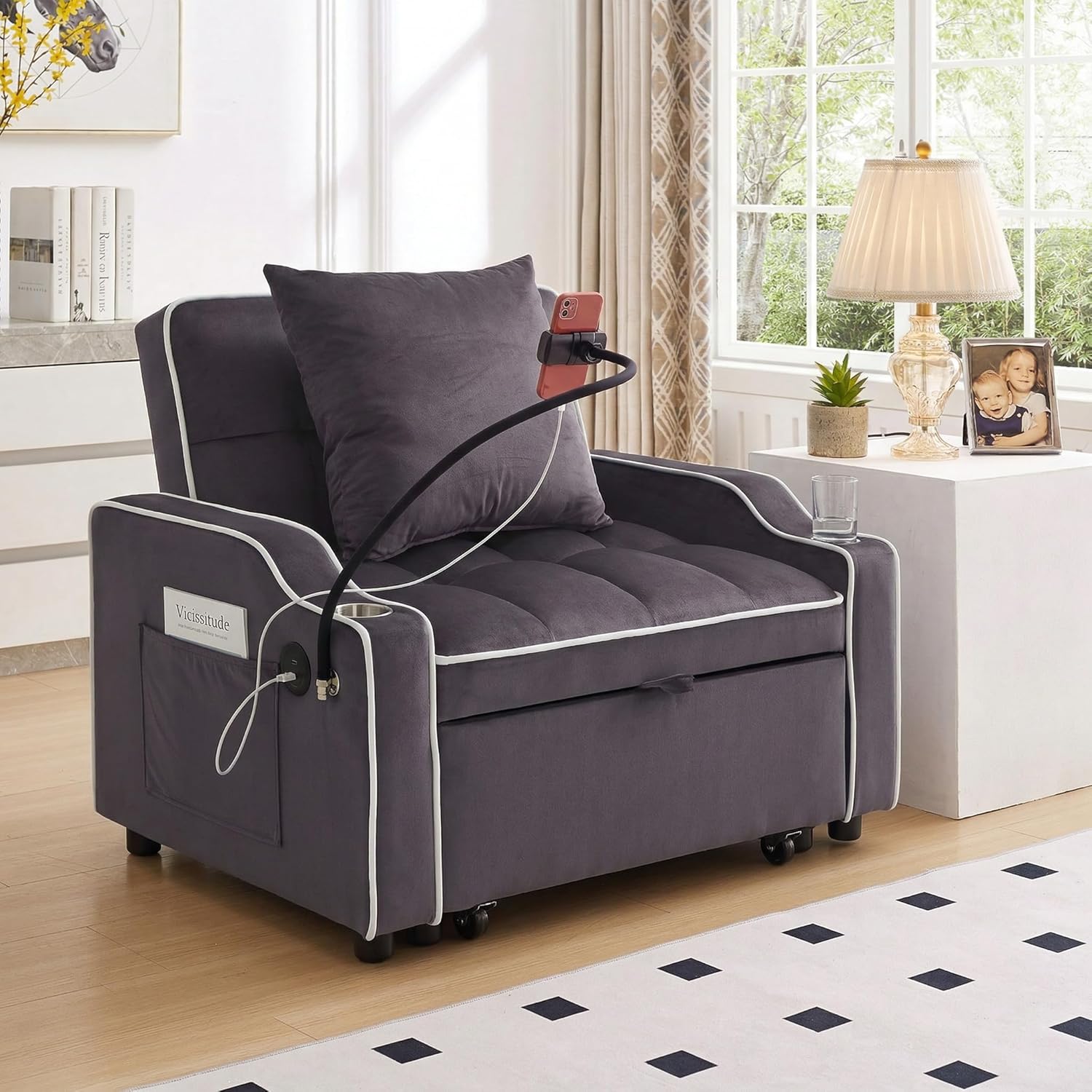 3-in-1 Convertible Sofa Bed with USB, Cup Holders & Phone Stand, Pull Out Couch Bed Chair Bed with Adjustable Backrest Futon Sleeper for Small Space, Apartment, Dorm, Living Room (Grey) | Adjustable Backrest, USB Charging Ports, Cup Holder, Phone Stand, Small Futon, Space-Saving
