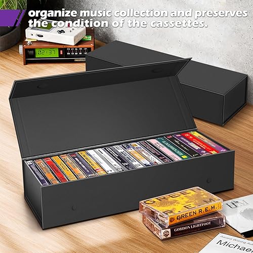 Miniatura 6 de Paquete de 3 cajas de almacenamiento de cinta de casete, soporte de cinta para almacenar 60 casetes, organizador de almacenamiento de medios