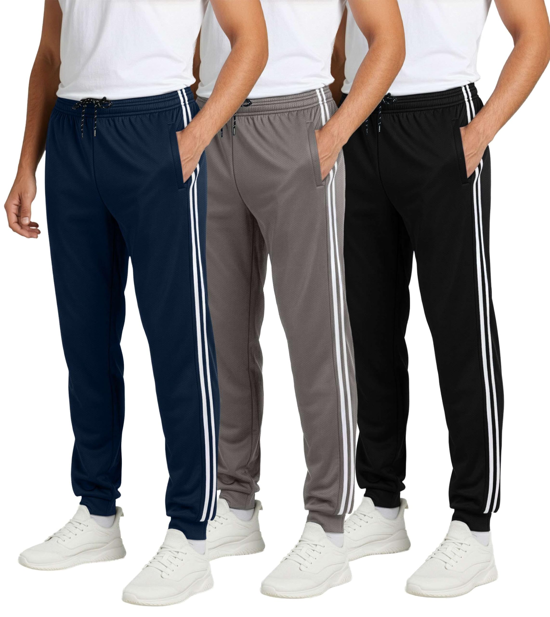 Real Essentials 3 Pack: Men's Tech Mesh Active Athletic Casual Jogger Sweatpants with Pockets(Available in Big & Tall)