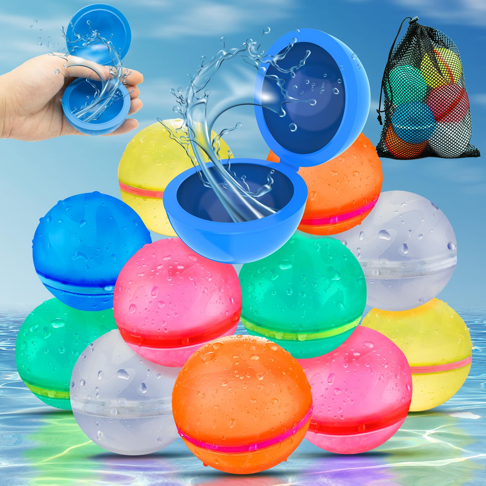 WABALLO Globos de Agua Reutilizables, 12 Piezas Globos de Agua con Bolsillo de Malla para Niños a Partir de 4 Años, Autosellantes Juguetes de Playa para Piscina para Fiesta de Verano, 6 Colores