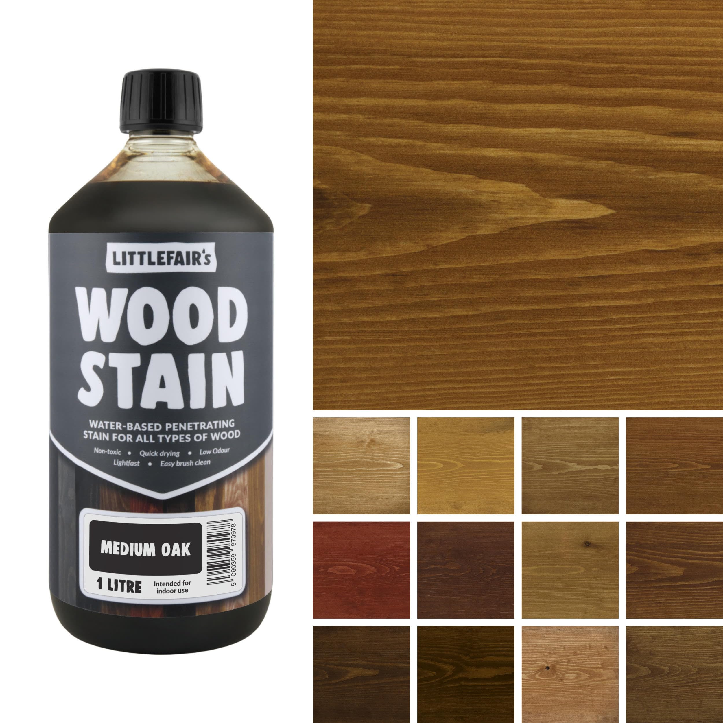 Littlefair's Medium Oak Wood Stain Water-Based - (Medium Oak) – Non-Toxic, Eco-Friendly & Quick Drying - Easy-To-Apply, Concentrated Formula For All Wood Types – 1 Ltr