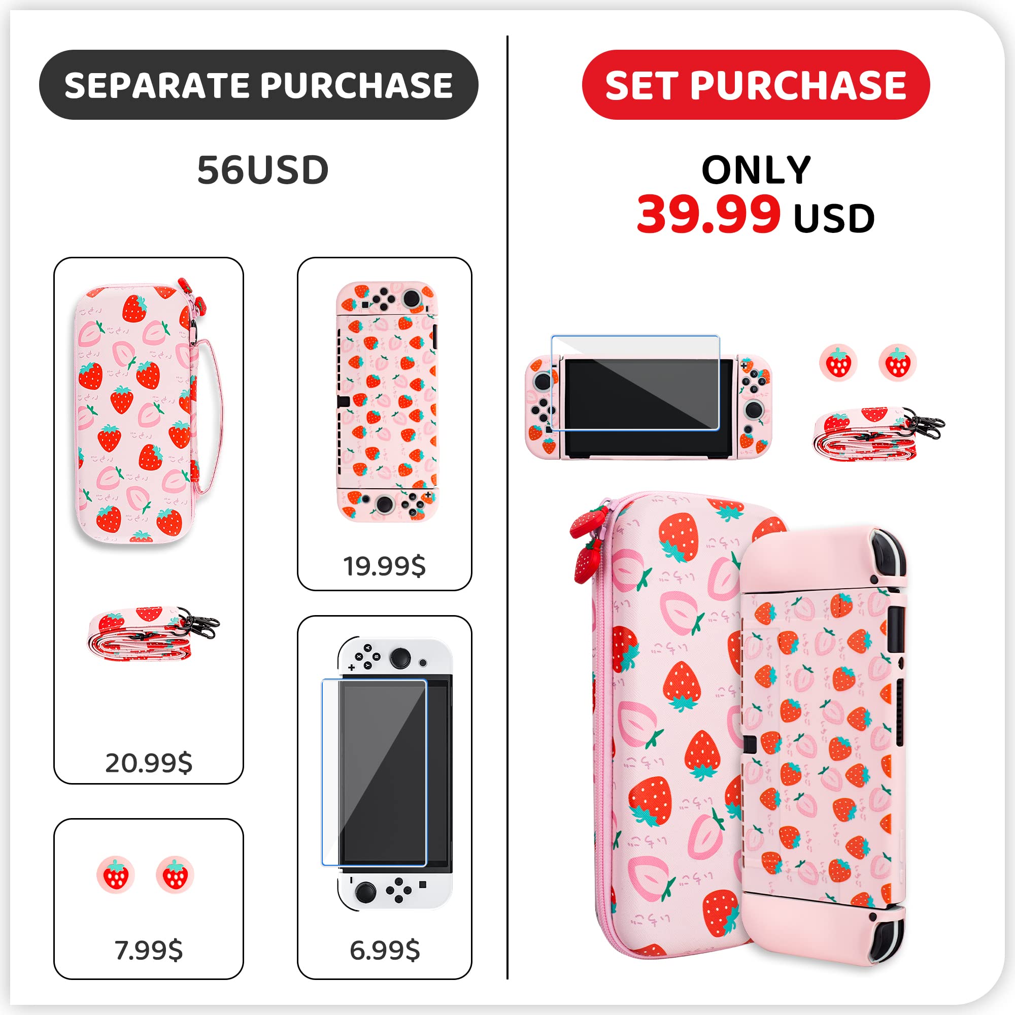 RHOTALL custodia da trasporto fragola per Nintendo Switch OLED, pacchetto di accessori per Switch OLED con guscio protettivo in TPU, tracolla regolabile, protezione schermo e 2 tappi per pollice