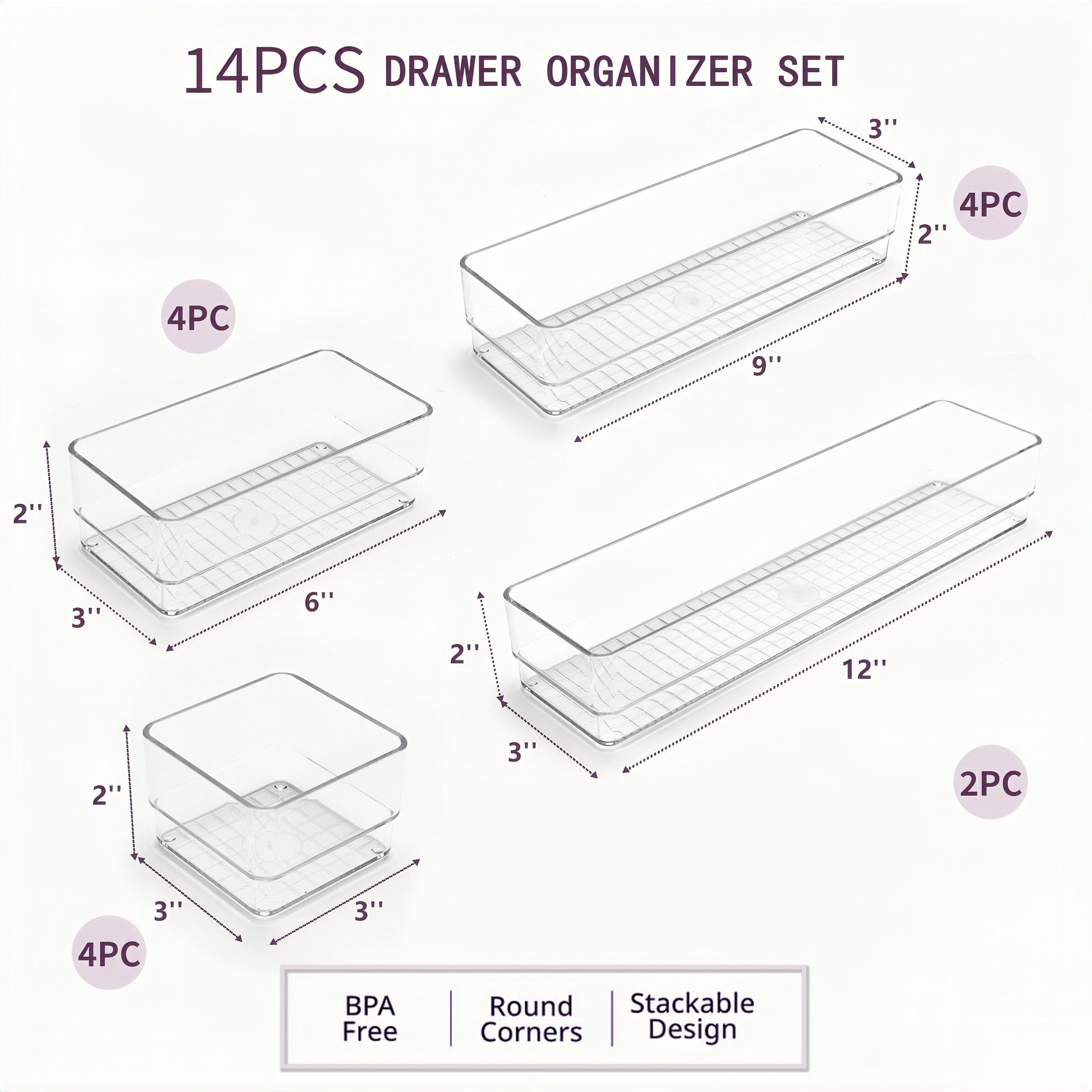 DCA 14-Piece Clear Drawer Organizers Set, 4 Sizes Storage Trays for drawers in Bathroom, Kitchen, Vanity or Office desk, Medicine Cabinet