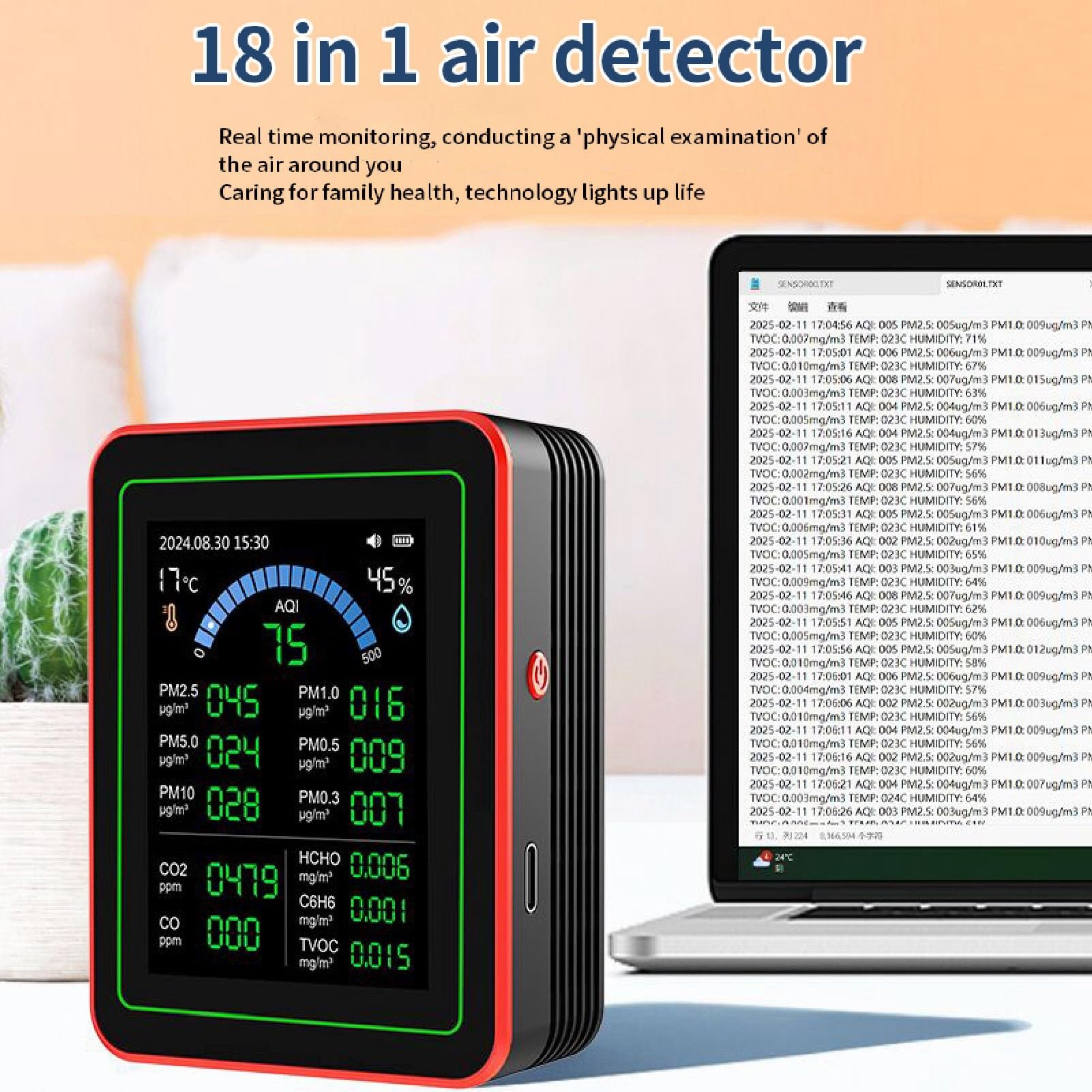 AUNMAS Moniteur de qualité de L'air, Multi-paramètres avec Capteurs Très Sensibles, Enregistrement et Analyse des Données, pour Usage Domestique et de Bureau ZN MT32
