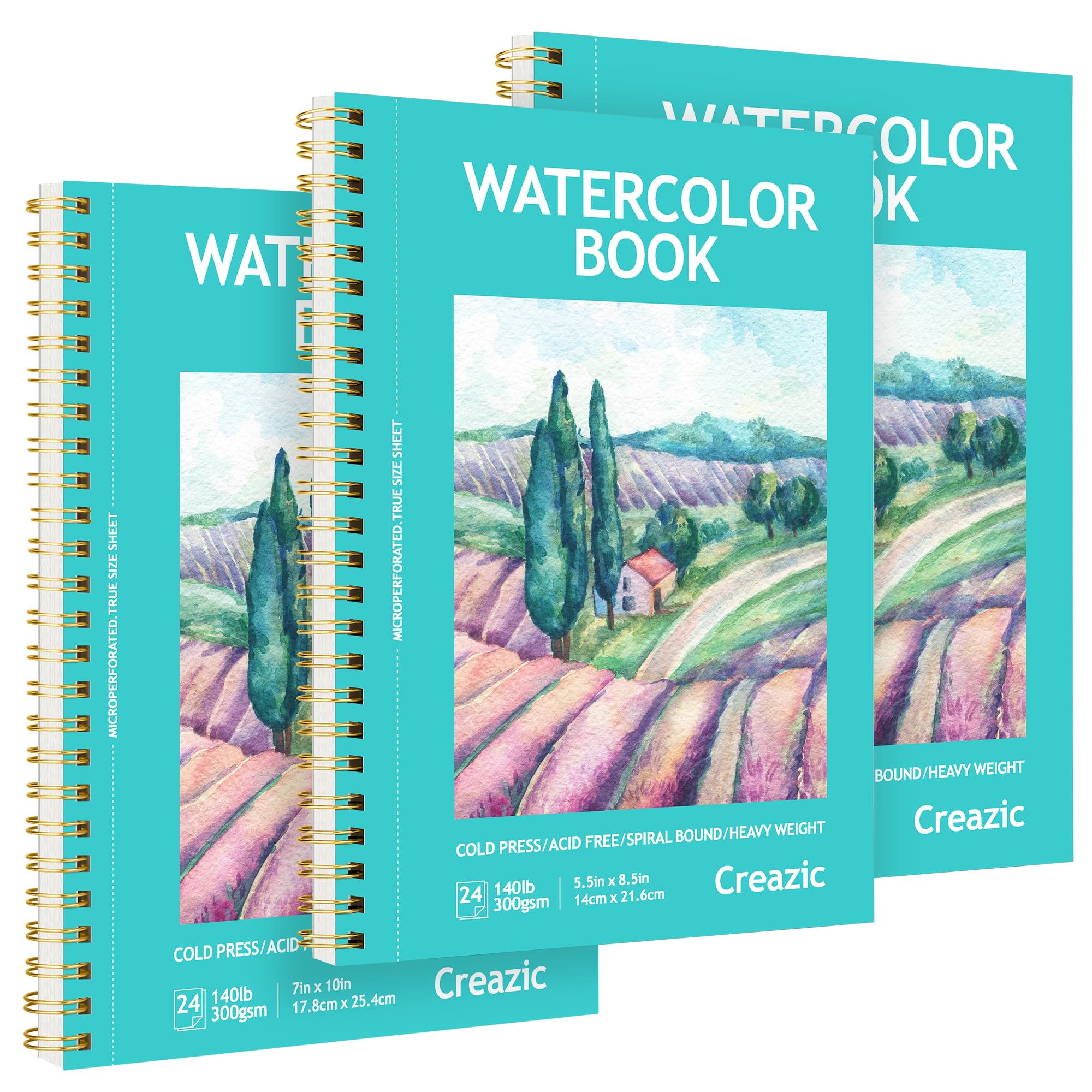Creazic 3-pak akwareli papierowych podkładek, 14 x 21,5 cm (140 lb/300 g), spiralna oprawa z linią łezki. Dziennik akwarelowy i szkicownik dla dorosłych i dzieci - idealny do ćwiczeń o mniejszych