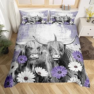 Highland Cow Bedding Set Cowgirl Gifts for Women Girls, Bull Cattle Longhorn Comforter Cover Western Farmhouse Animals Duvet Cover, Purple Ombre Art Bed Set Retro Vintage Grunge Quilt Cover Queen