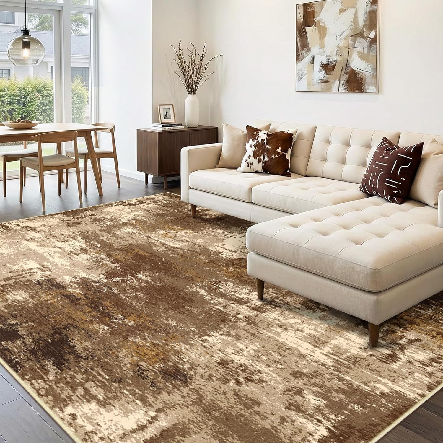 Tapis lavable et antidérapant beige pour salle à manger
