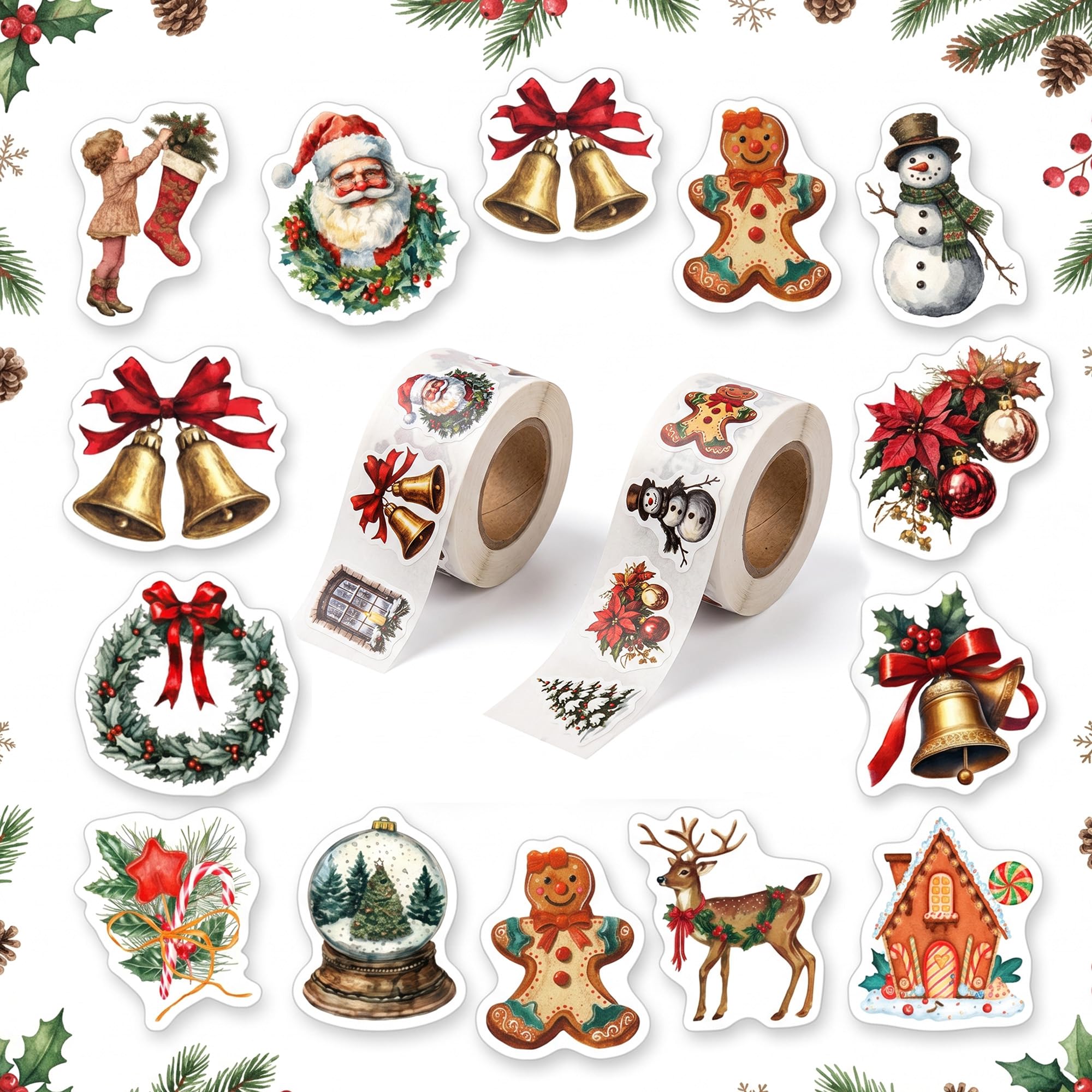 500 Pcs Christmas Self‑Adhesive Stickers, Xmas Labels for Gift & Card Decor